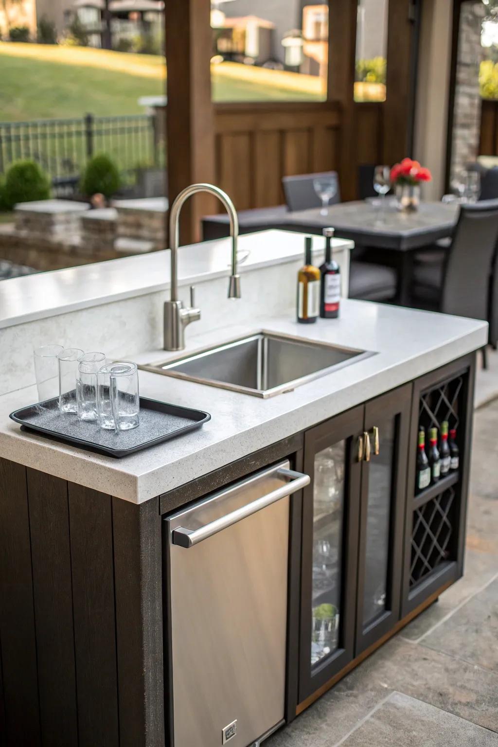 A contemporary integrated basin within a small wet bar adding heightened functionality.