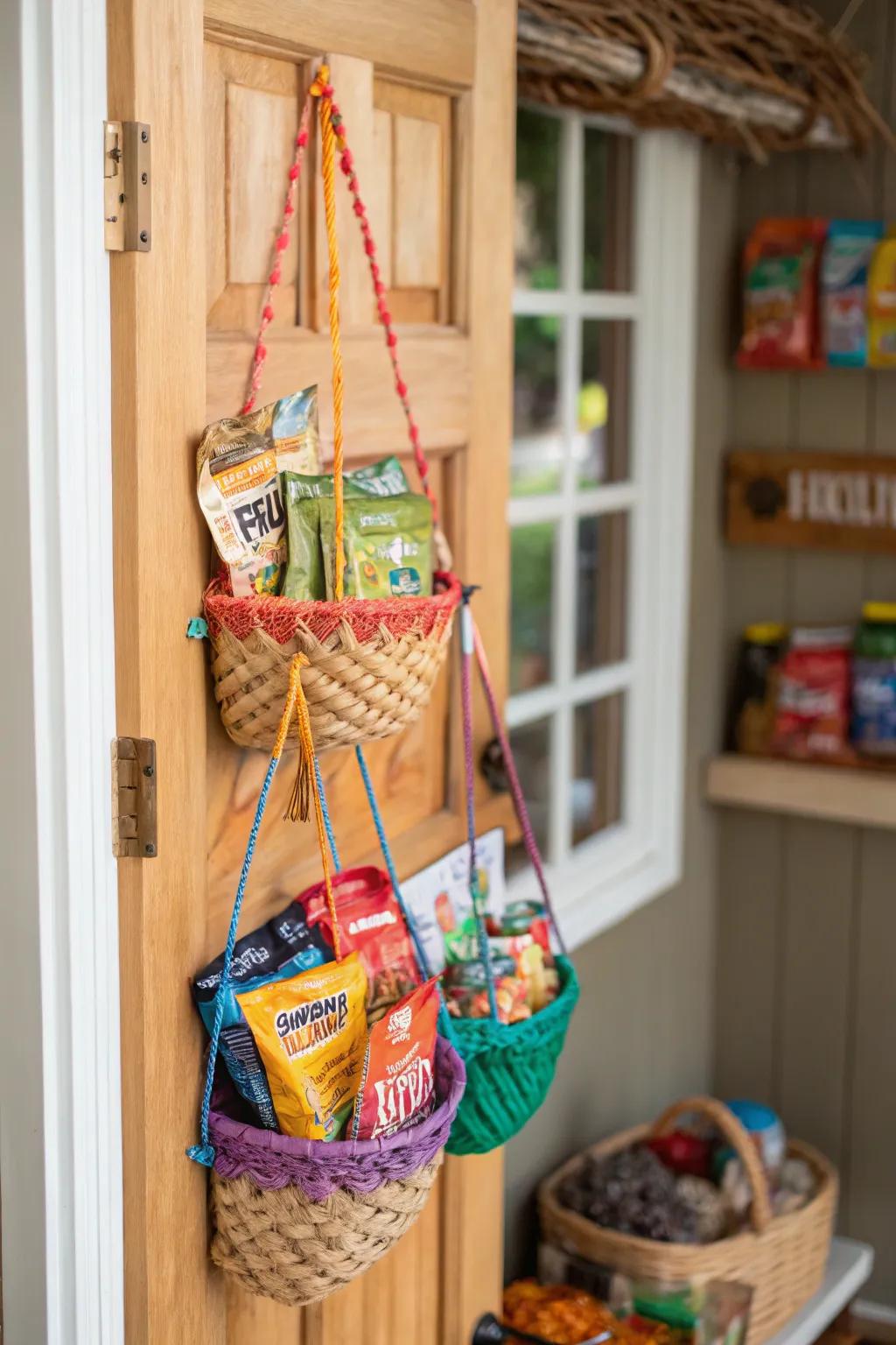 Suspended baskets offer simple entry and conserve area.