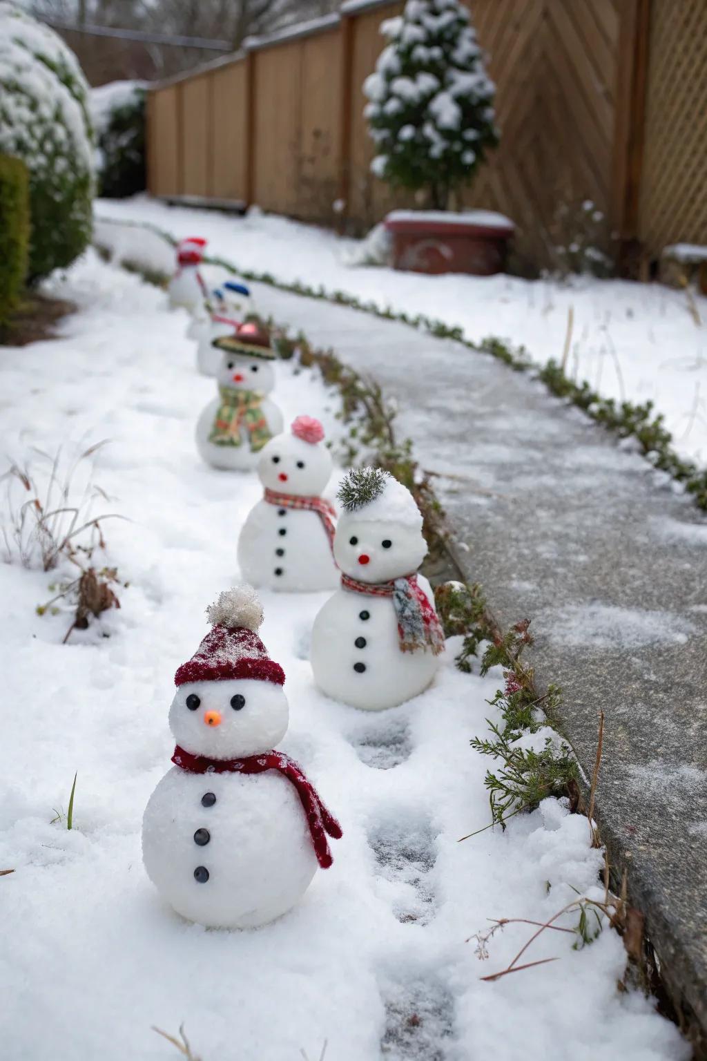 A sequence of endearing miniature snow figures gracing a garden path.
