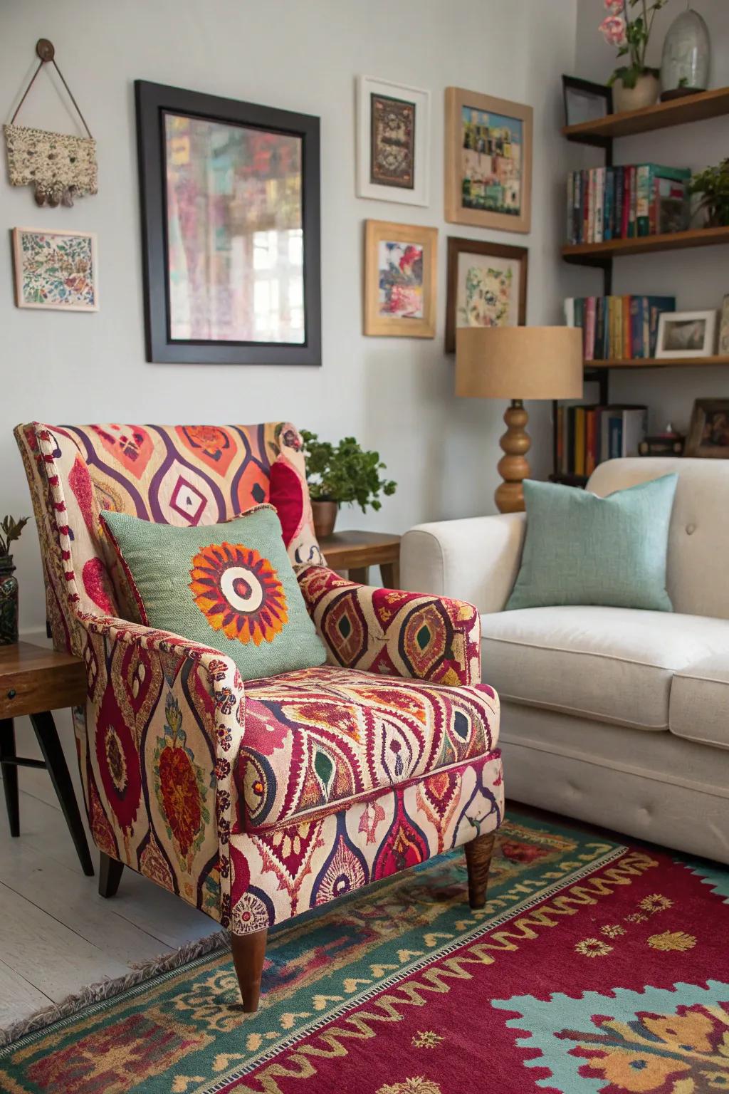 A strong pattern on the accent chair brings energy and individuality.