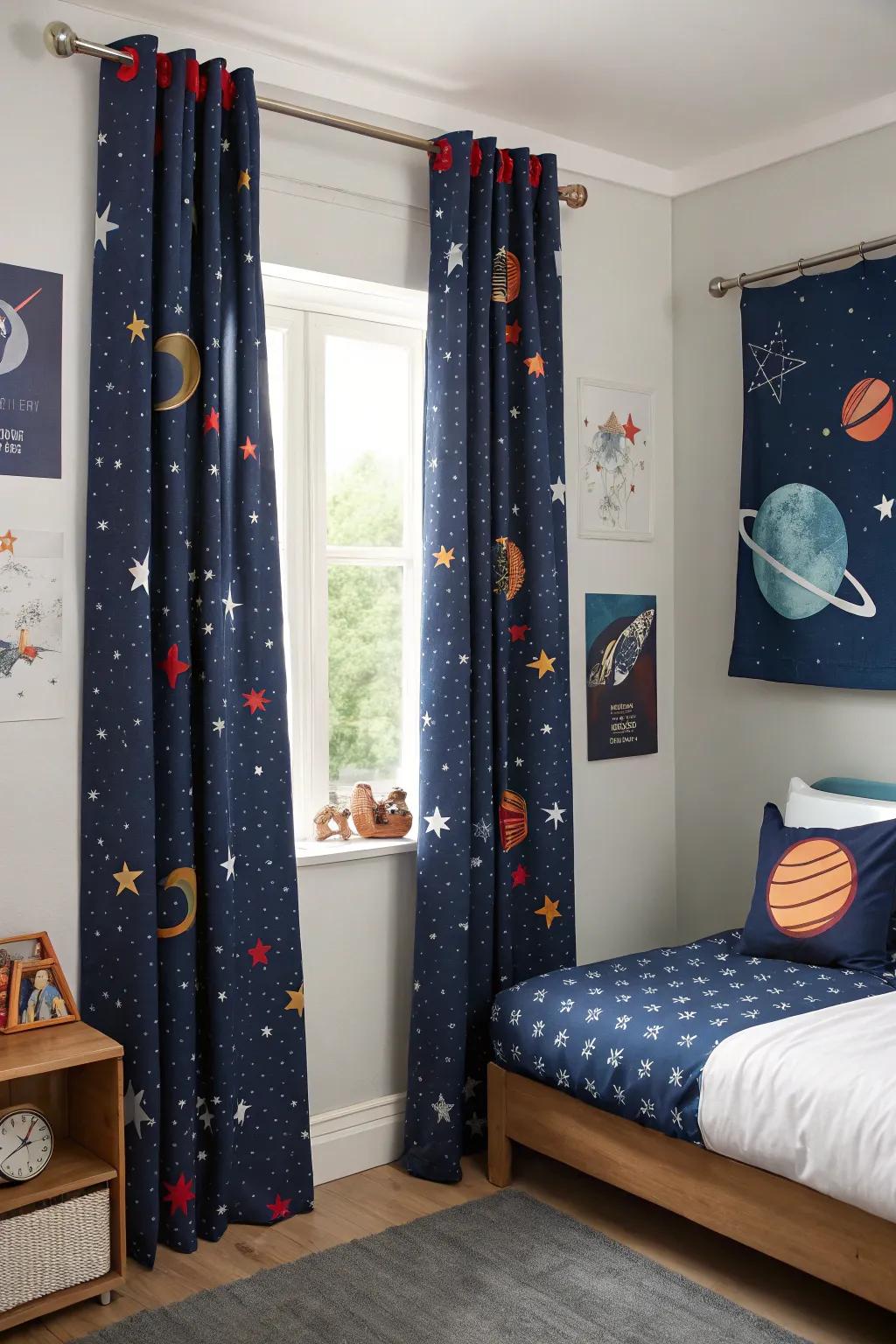 Cosmic drapes complete the aesthetic while delivering practical advantages.