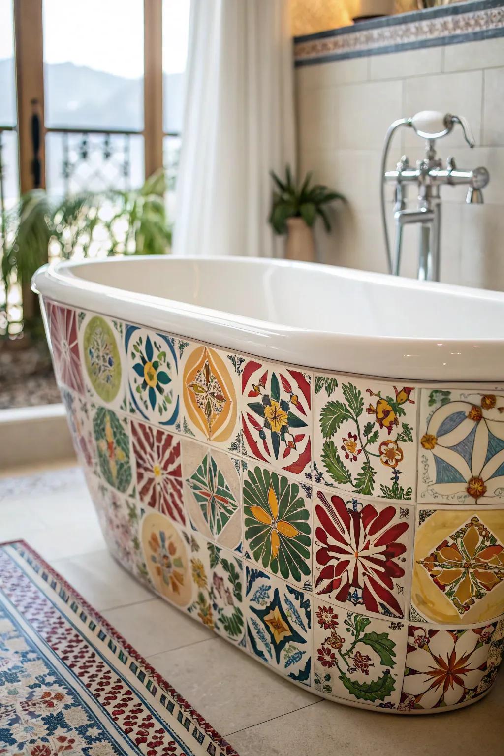 A freestanding bathtub offers a luxurious touch amidst Spanish decor.