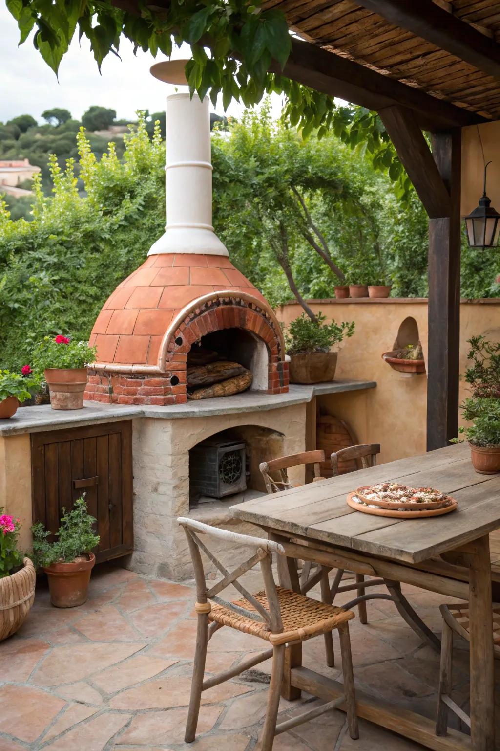 A classic wood-burning oven contributes genuine taste and allure to this outdoor cooking area.