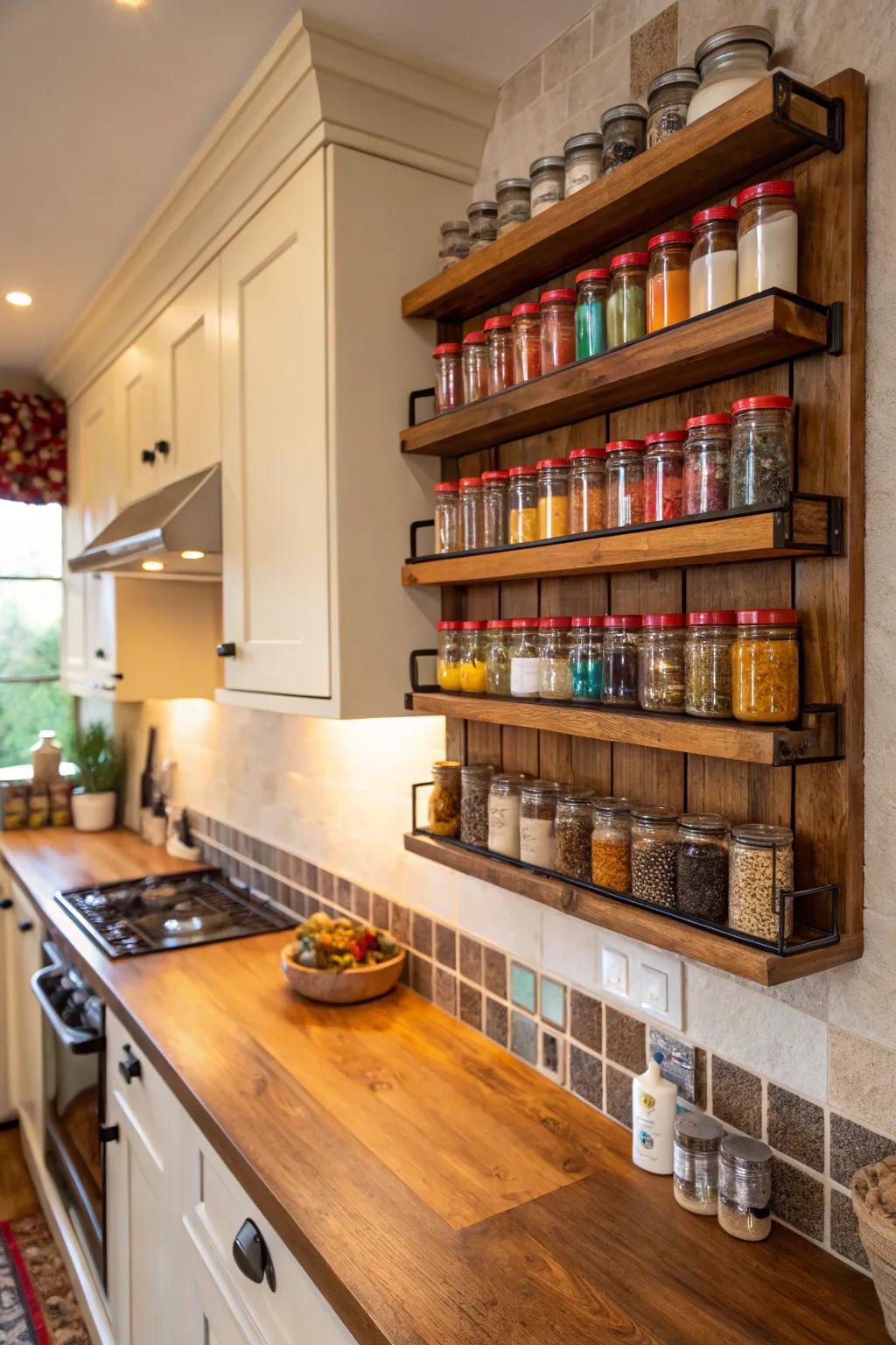 Wall-mounted shelves displaying a vibrant spice selection.