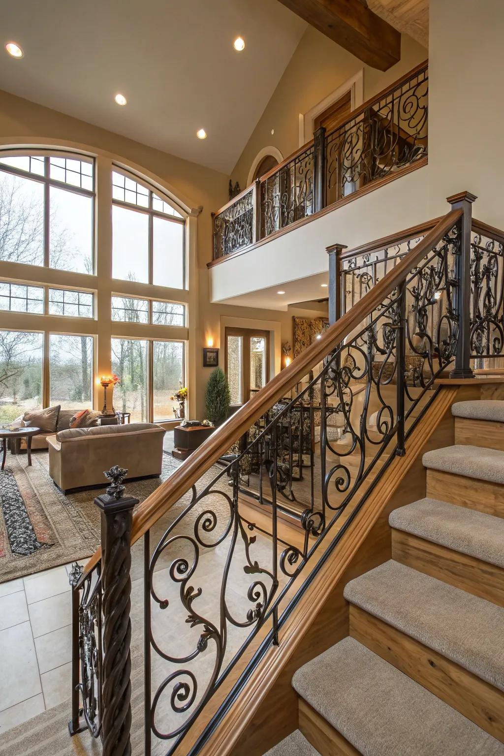 Bespoke ironwork railings transforming a split-level home into an art display.