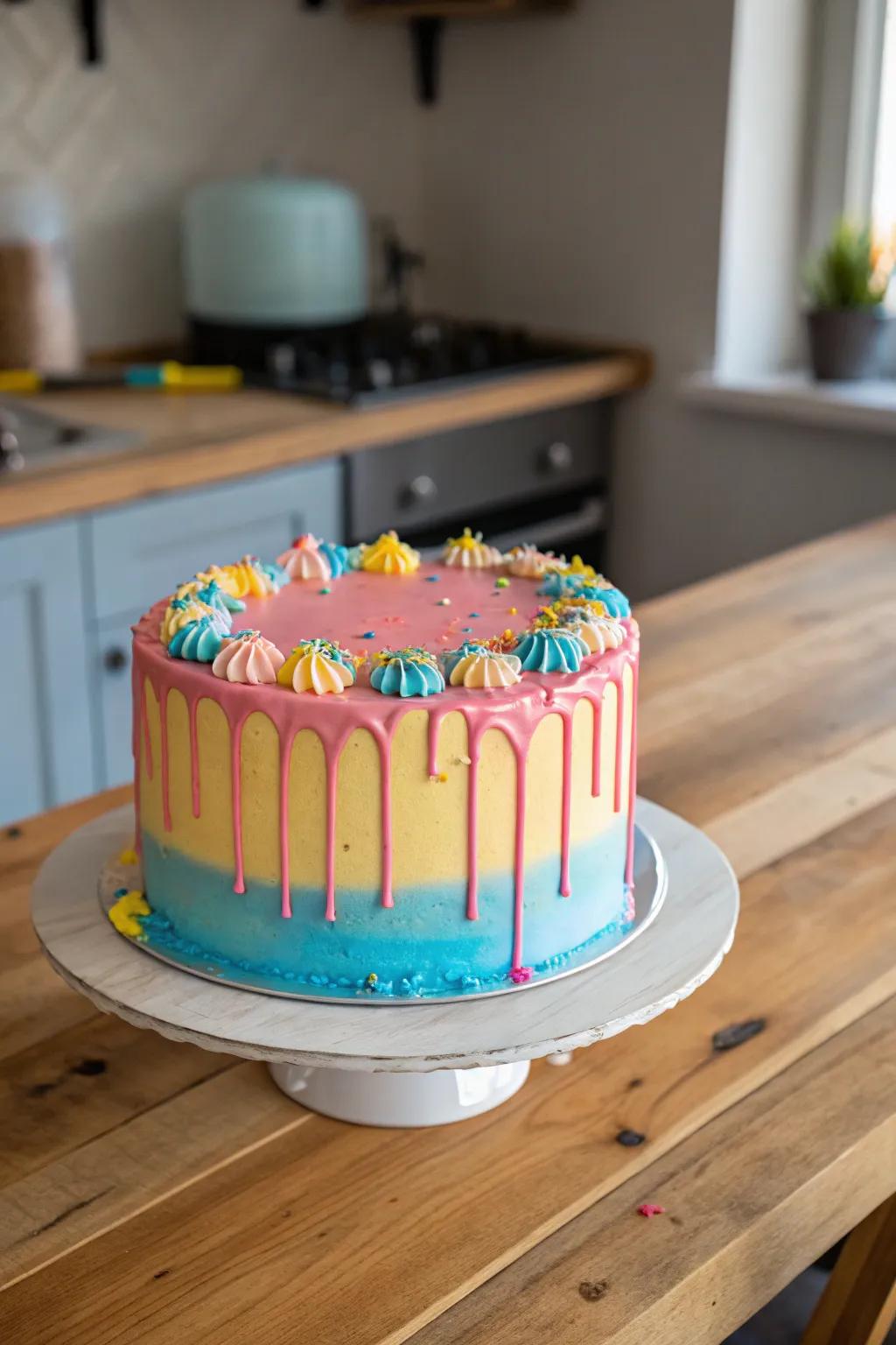 A cake displaying stunning drip icing for a modern touch.