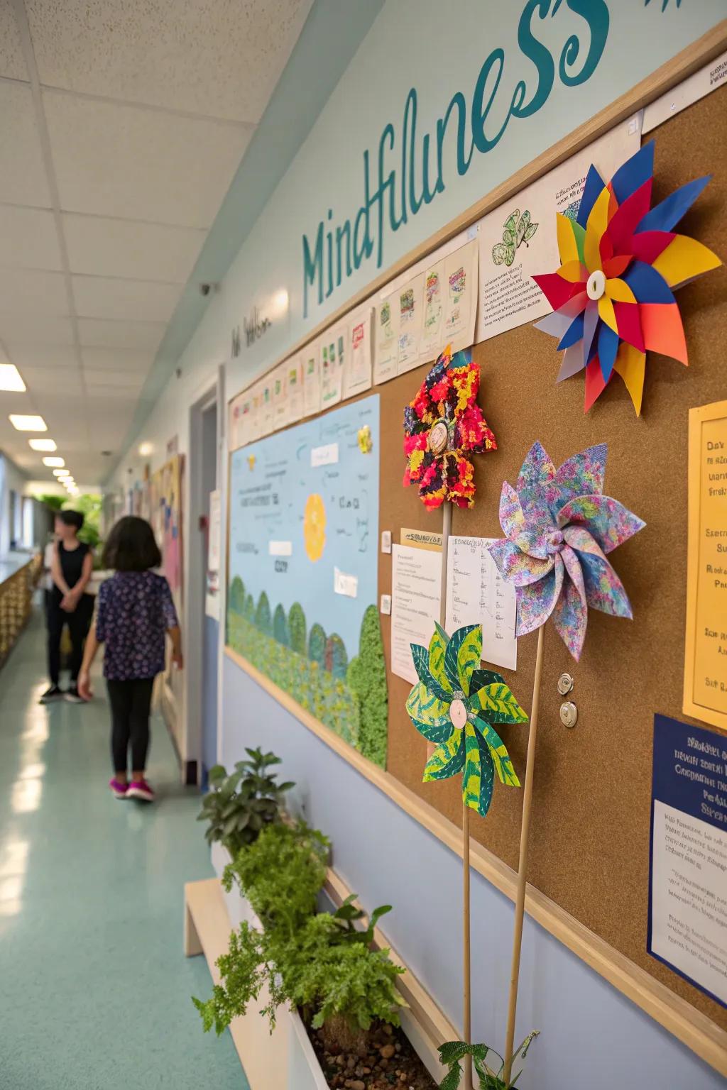 A serene notice board presenting whirligigs and mindfulness tips for a calm environment.