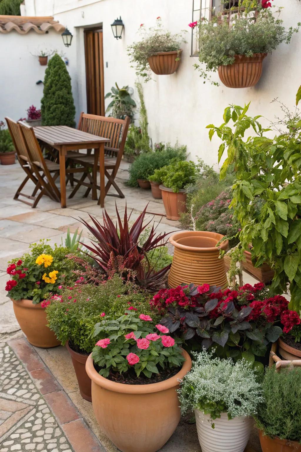 An array of potted plants adds a dash of color and style to any patio.