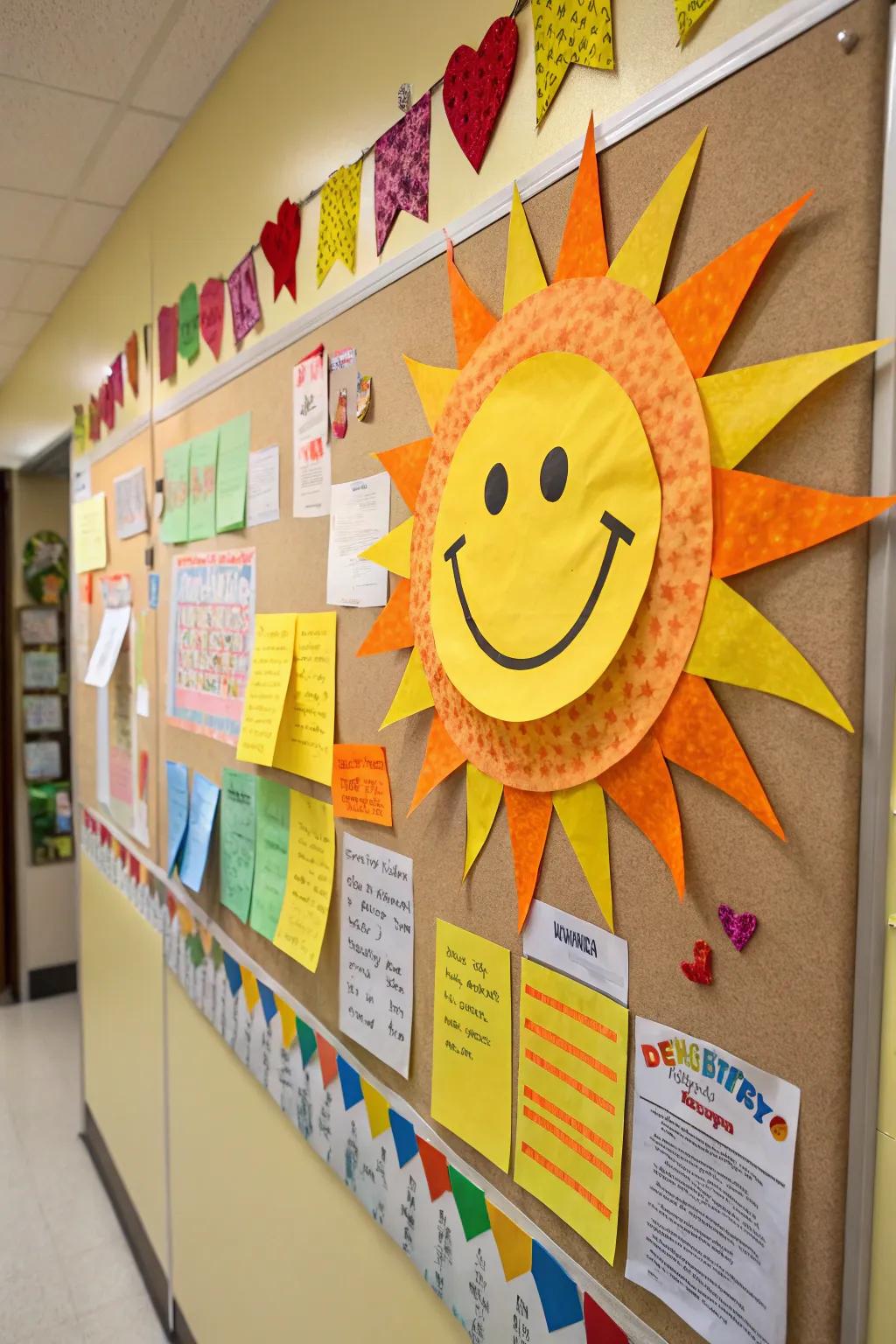 A cheerful sun spreading warmth across the bulletin board.