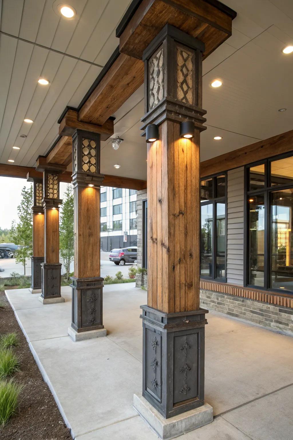 Blending materials in rectangular pillars offers a modern industrial appeal.