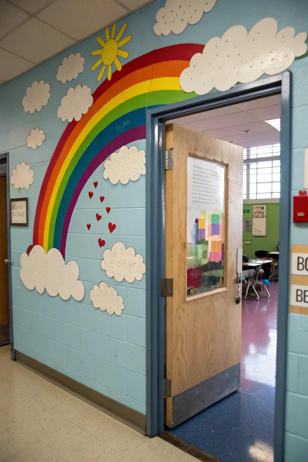 A classroom door with clouds and a rainbow, bringing luck from above.