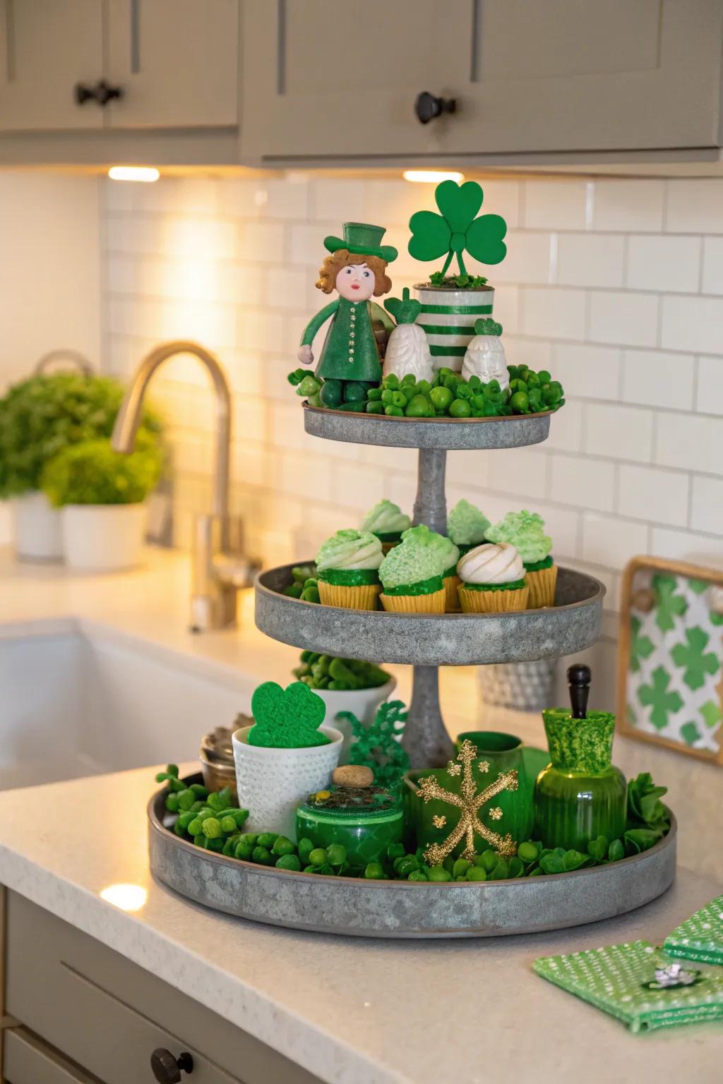 A staggered platter brimming with jubilant St. Patrick's Day adornments.