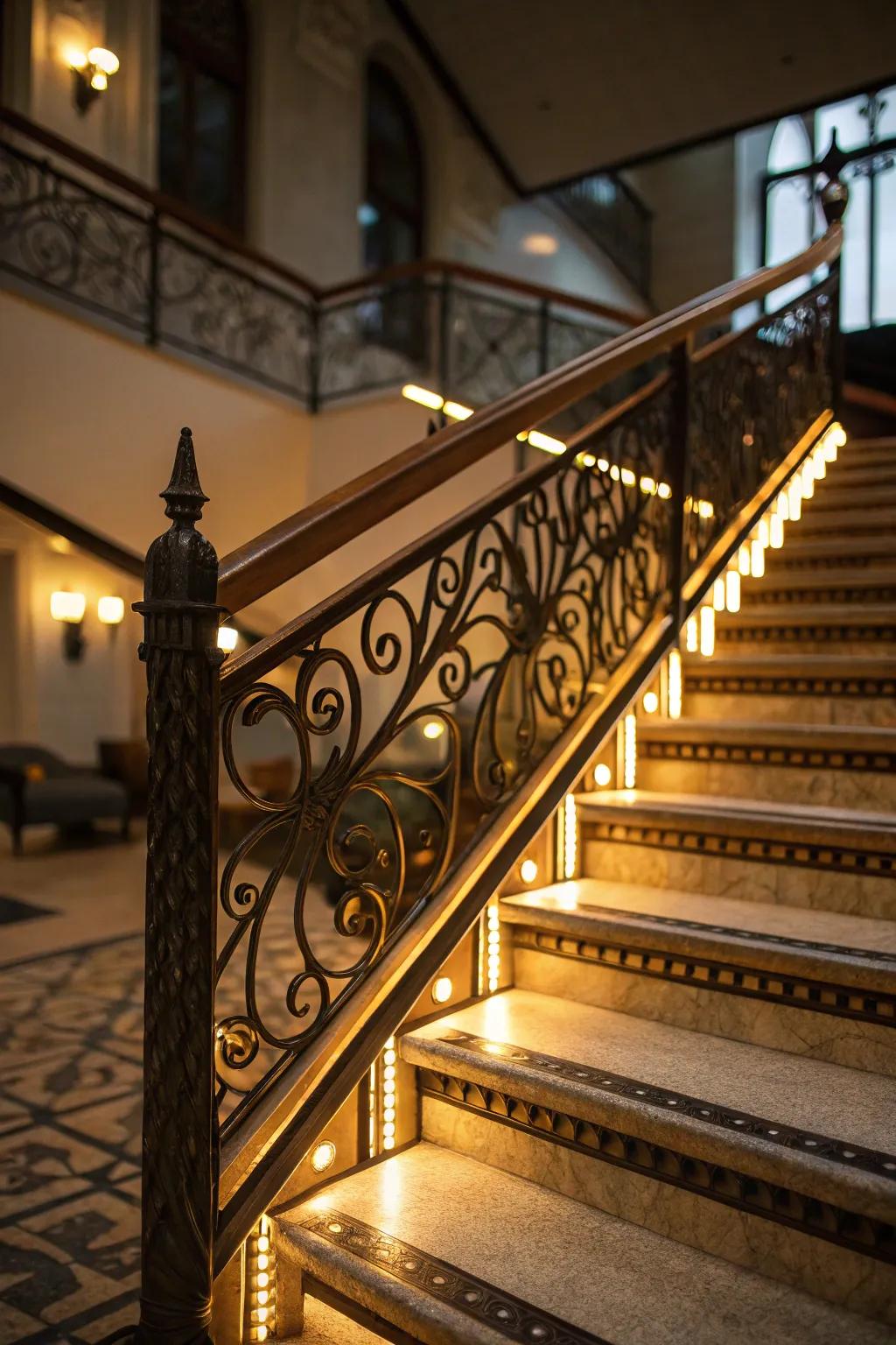 Accent lighting draws attention to architectural features.