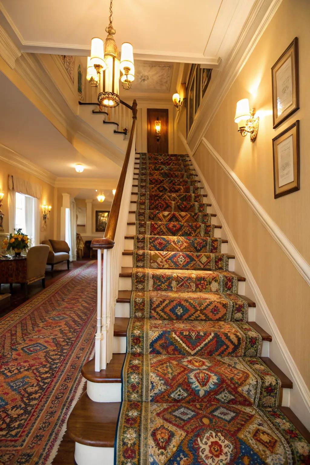 Create a cozy staircase feel with a sophisticated carpet runner.