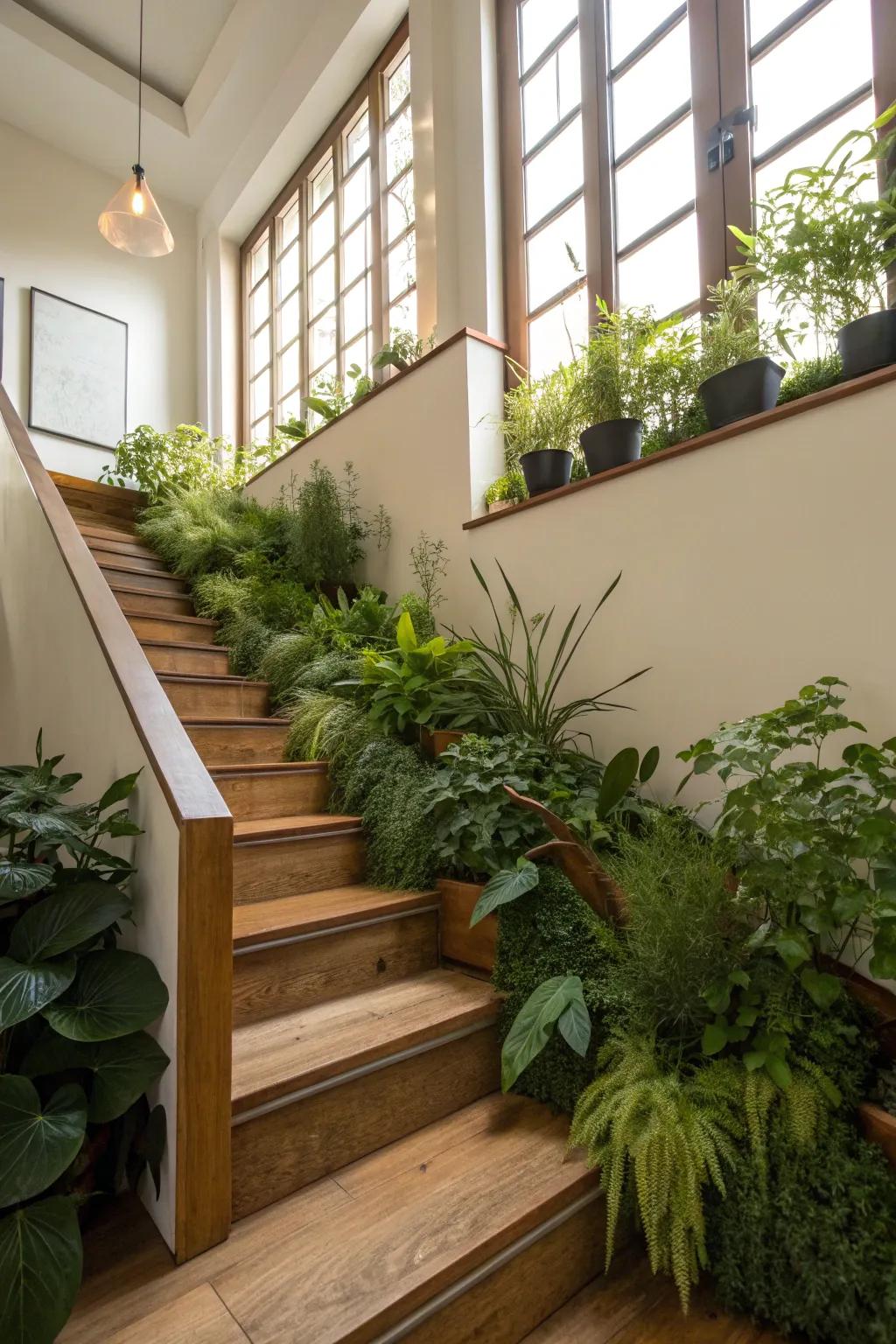 Integrated planters contribute a natural touch to this home staircase.