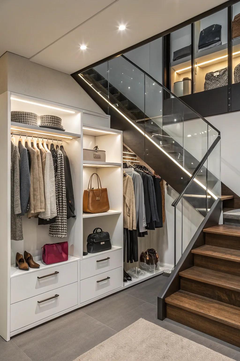 Morph your staircase into a mini wardrobe by utilizing hanging rods.