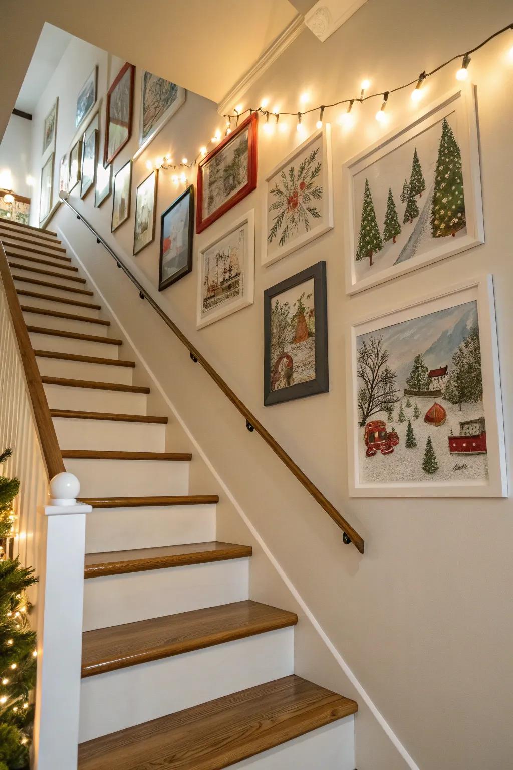 Holiday-themed prints bring a festive mood to the stairway gallery arrangement.