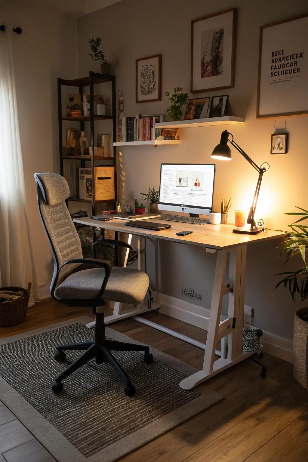 An ergonomic chair complements the standing desk for maximum comfort and support.