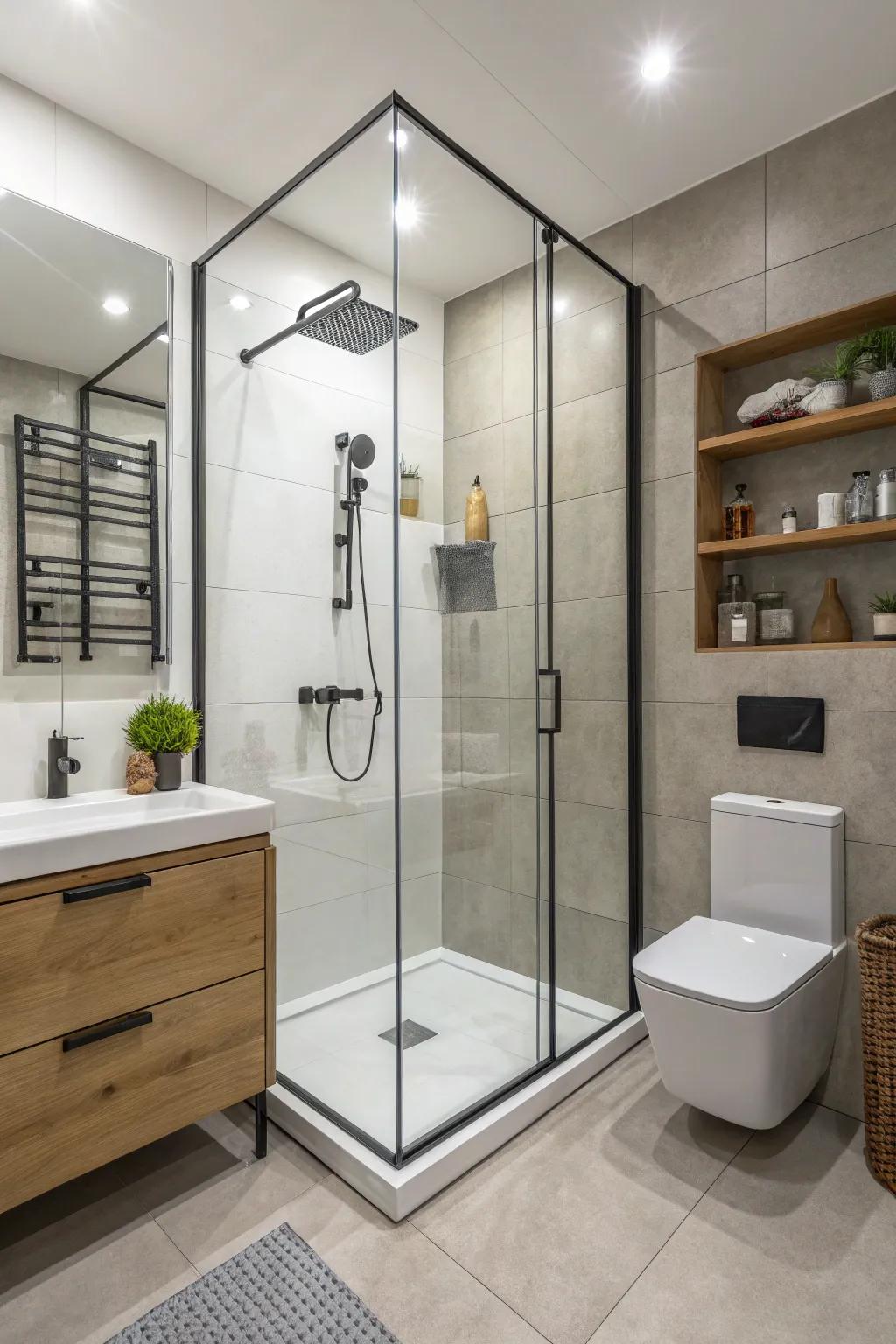 Modern fixtures injecting a sleek vibe into a stand-up shower.