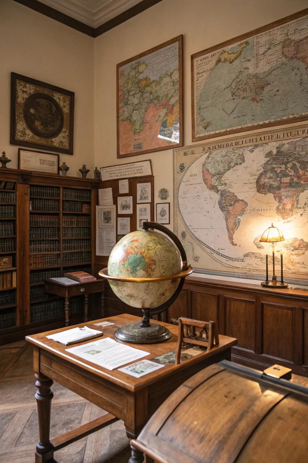 Antique maps and globes enrich your area with a sense of adventure.