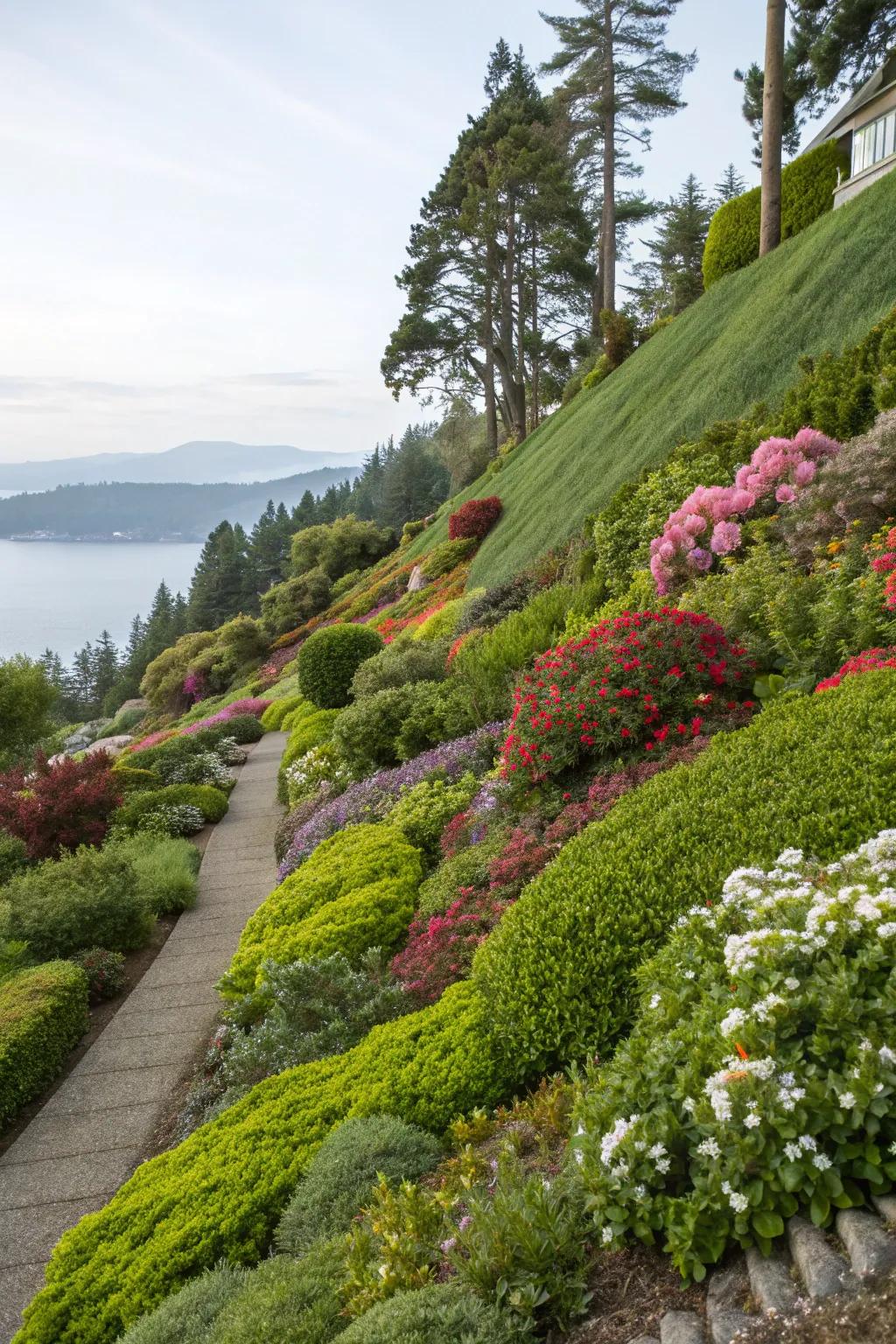 A variety of plants brings life and color to hillside landscapes.