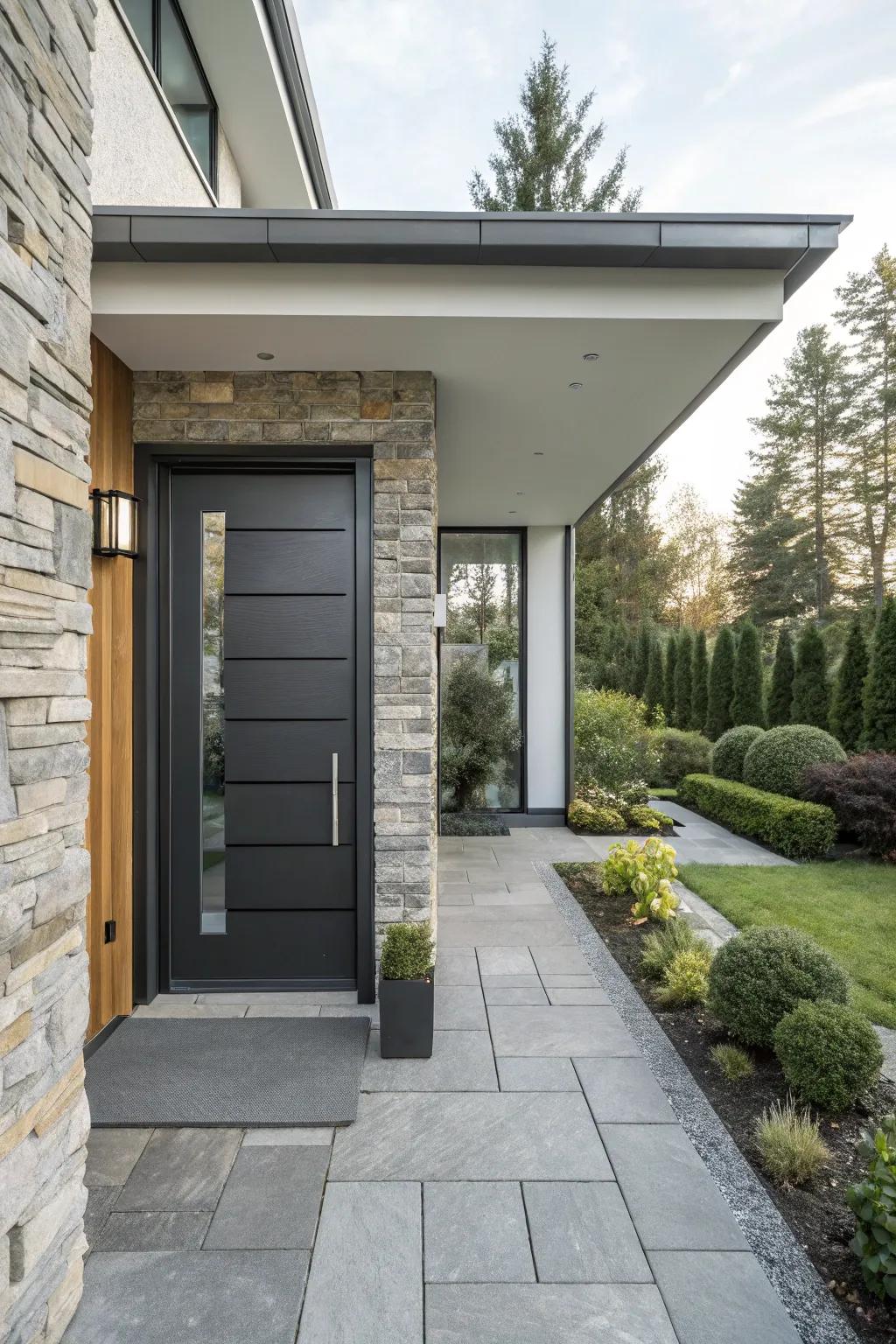 Polished stone panels impart a contemporary flair to your front door.