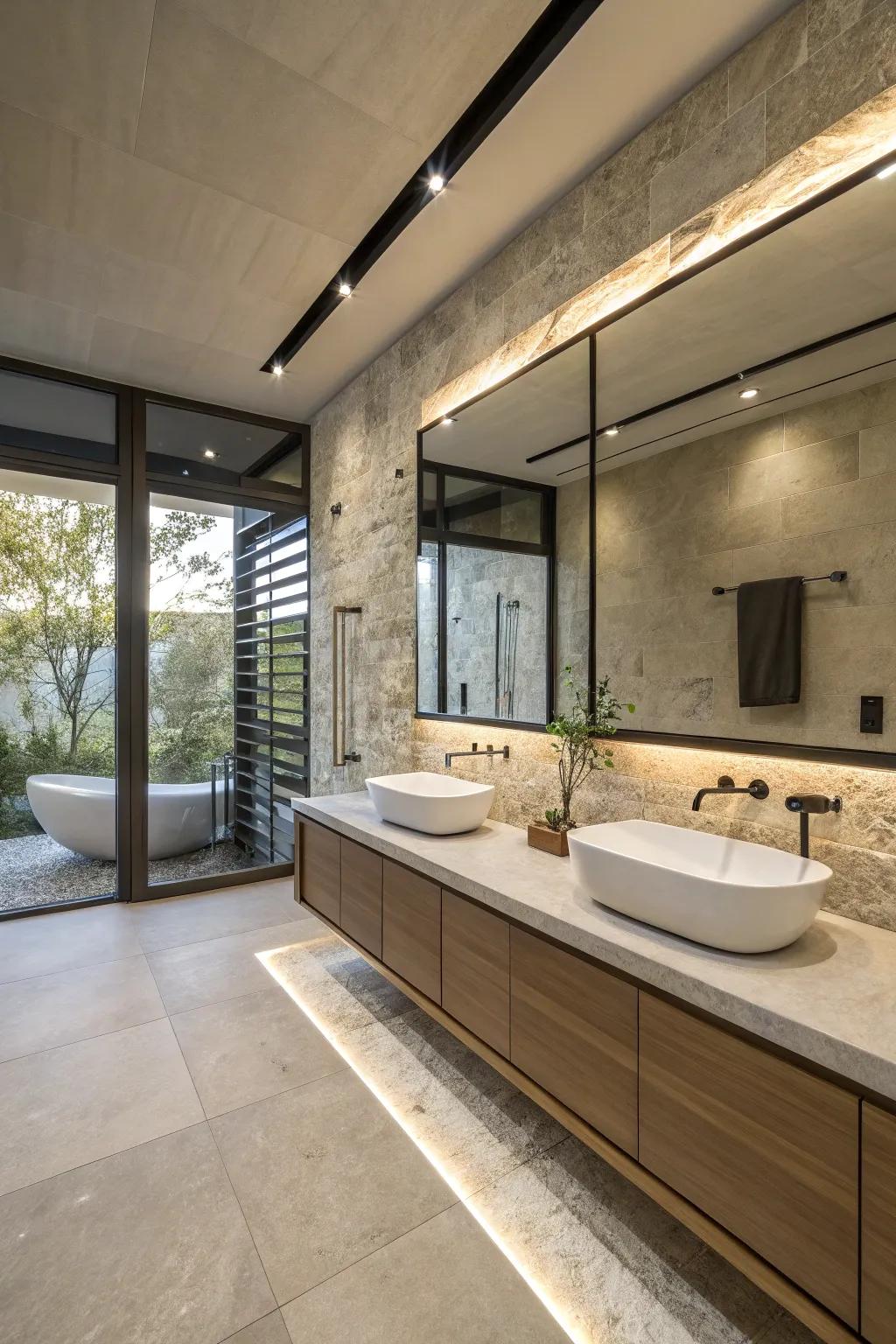 A modern stone bathroom featuring streamlined fixtures and a contemporary layout.