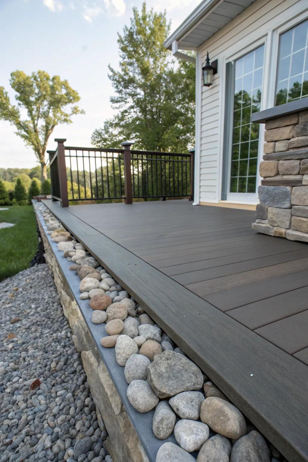 A captivating concoction of sleek and rough rock skirting, imbuing dimension to the deck.