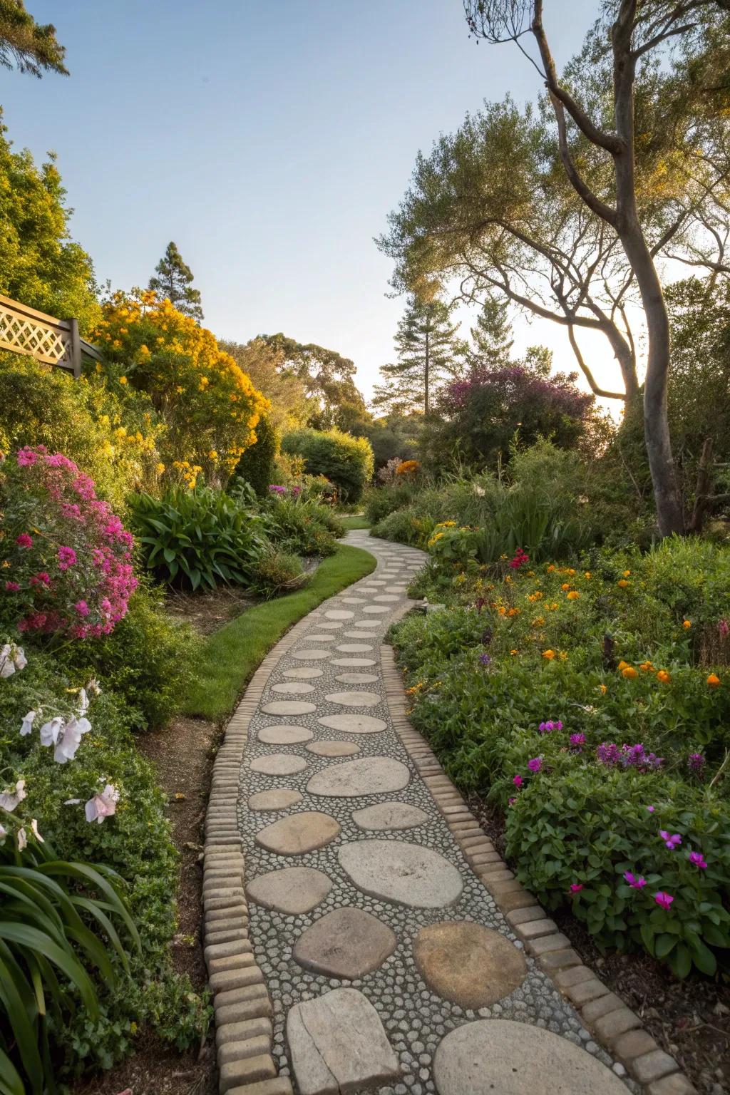 An inviting and textured stone pathway meandering through the garden.