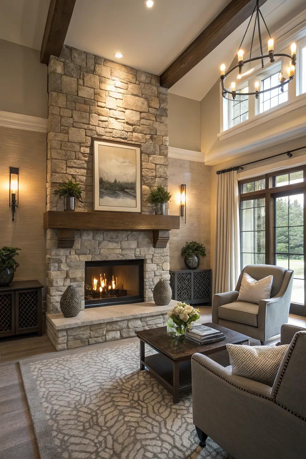 A contemporary space featuring a stone fireplace with a sleek suspended mantel.