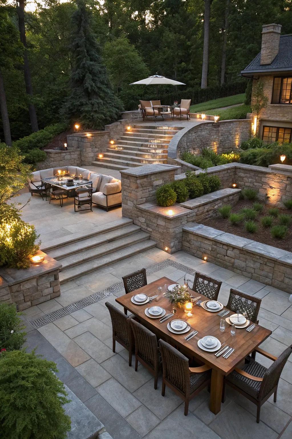 A multi-level stone patio offering distinct outdoor zones.