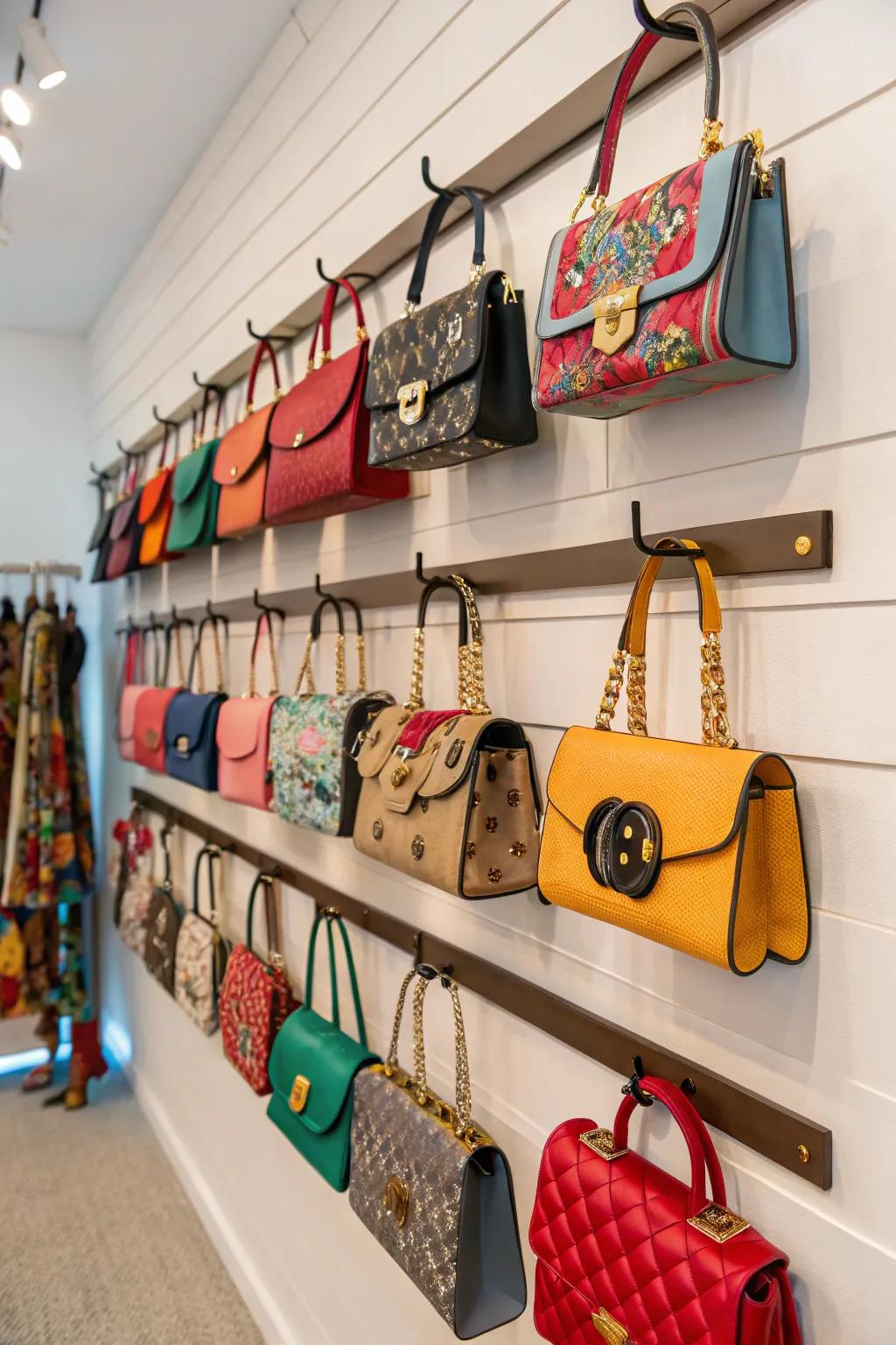 Purses displayed on wall-mounted shelves and hooks.