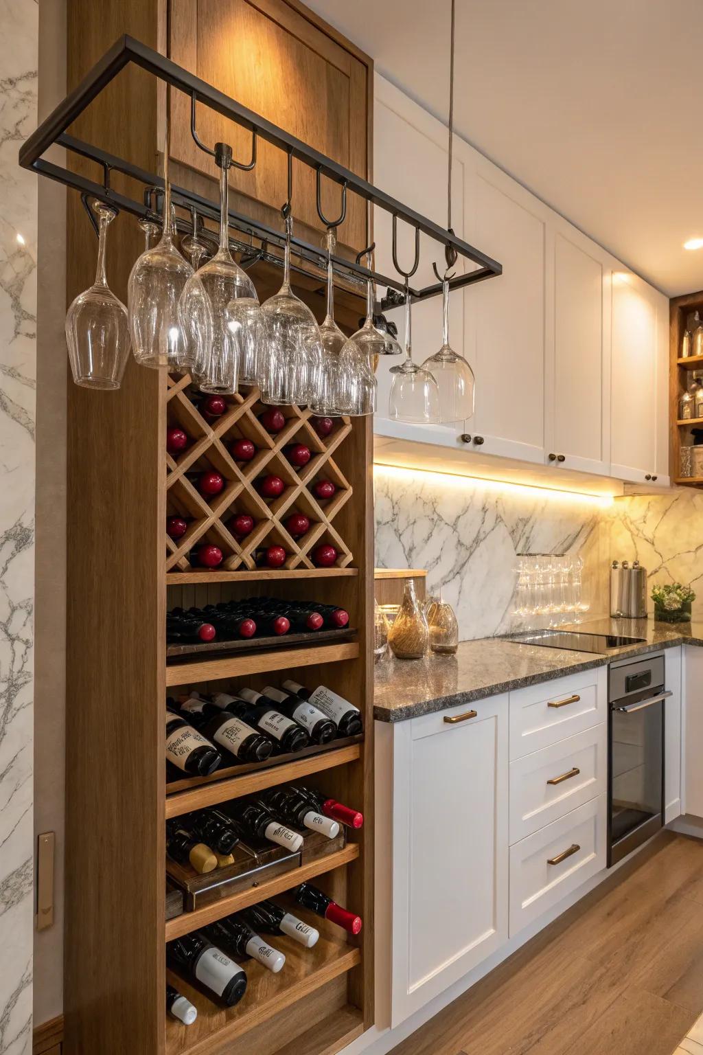 A mini-bar arrangement that integrates wine and glass storage.