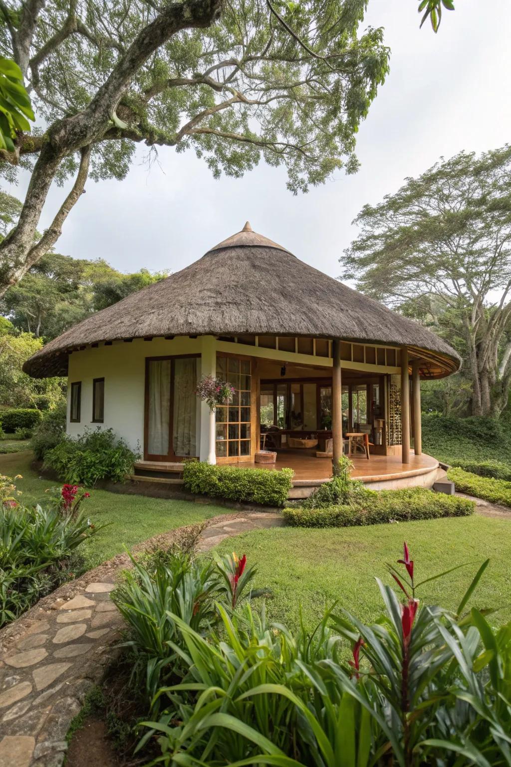 Circular house design promoting community and nature.