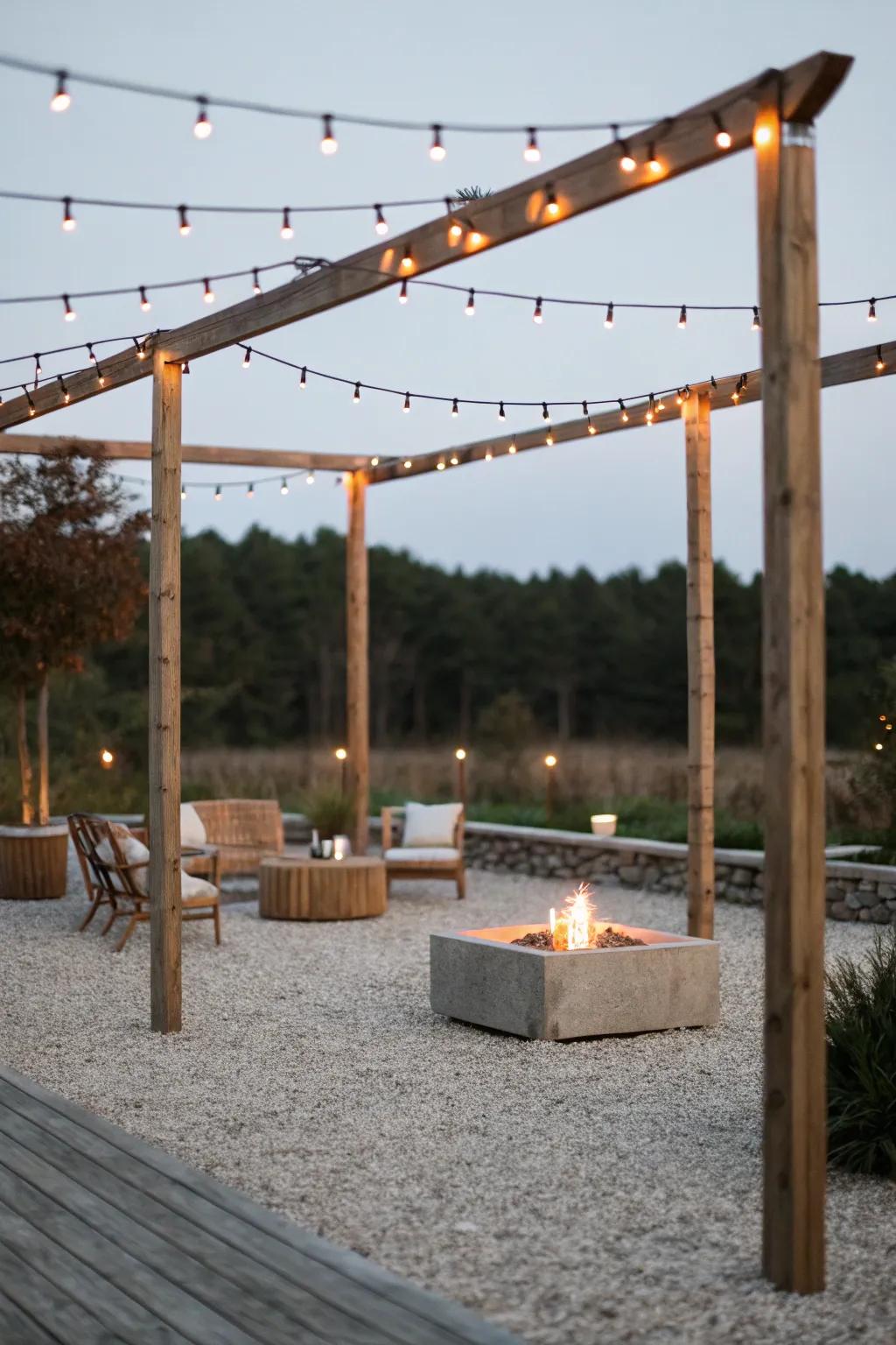 Tall posts provide a minimalist structure for string lights.