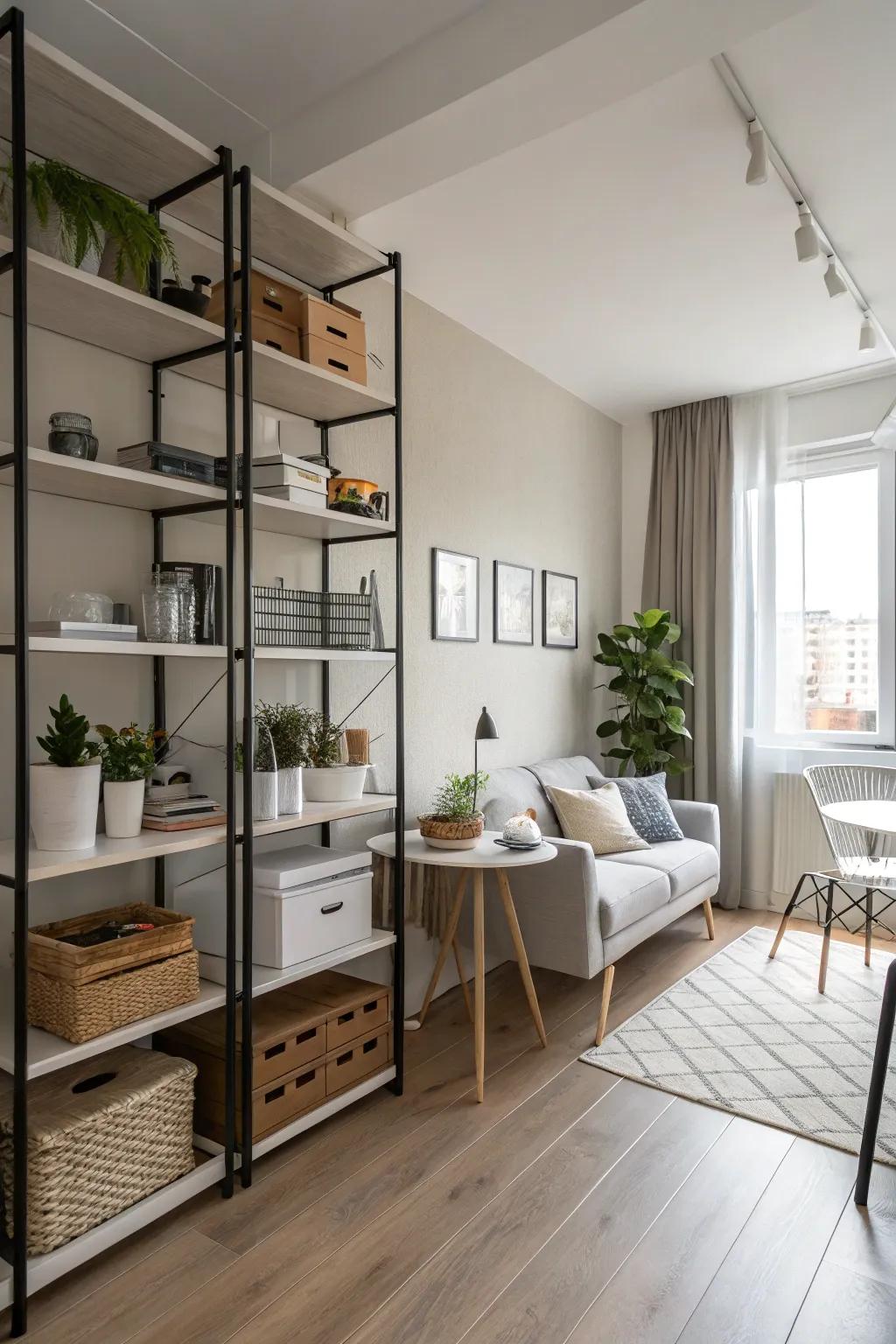 Vertical storage is a space-saving essential in a studio apartment.