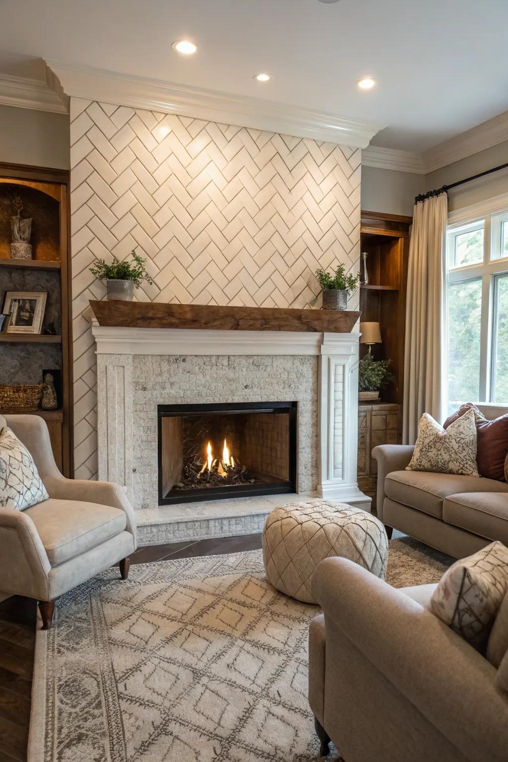 A zig-zag pattern introduces sophisticated texture to this tile fireplace.