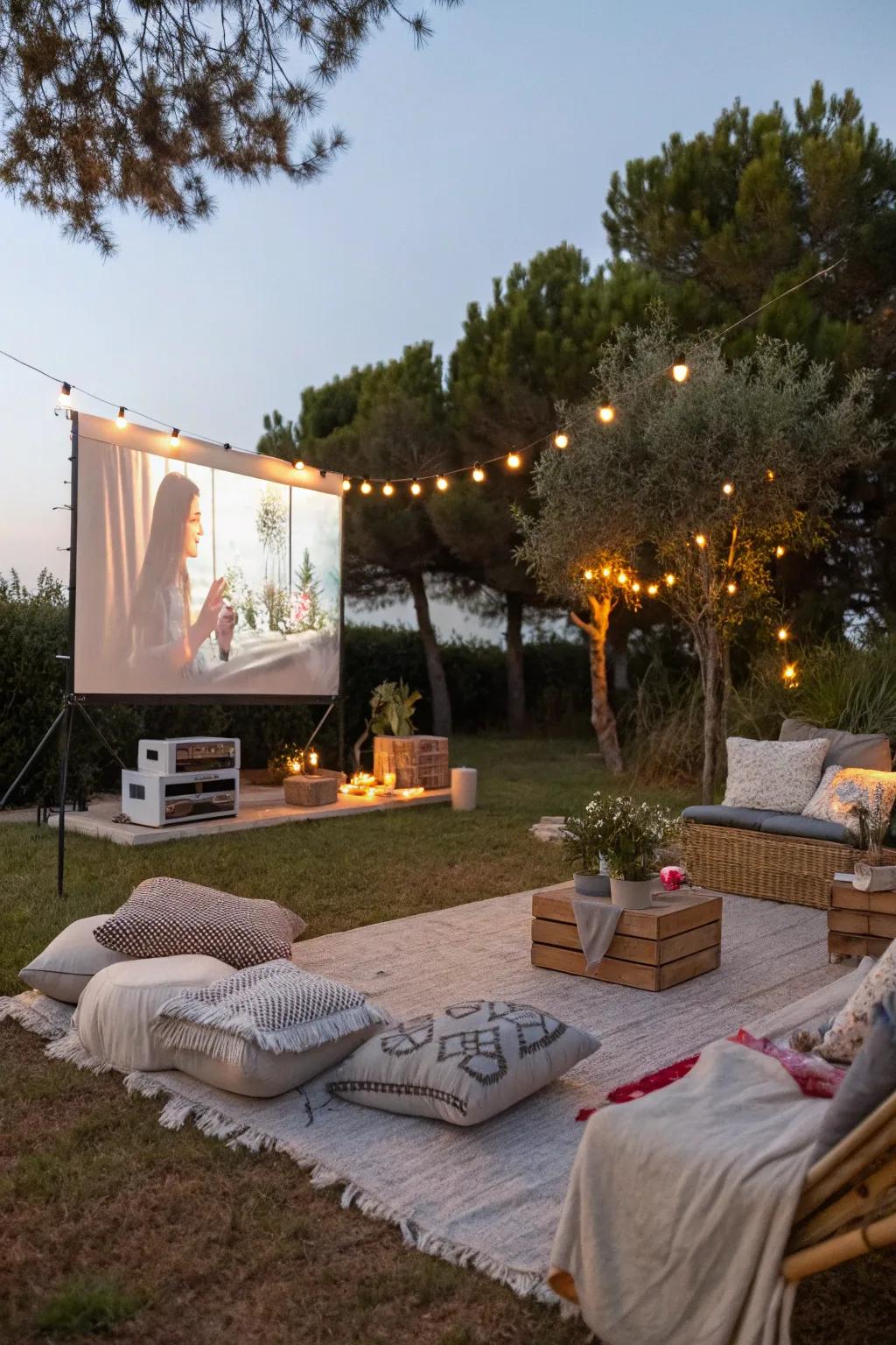 Delight in a cinematic experience beneath the open sky with an outdoor movie arrangement.