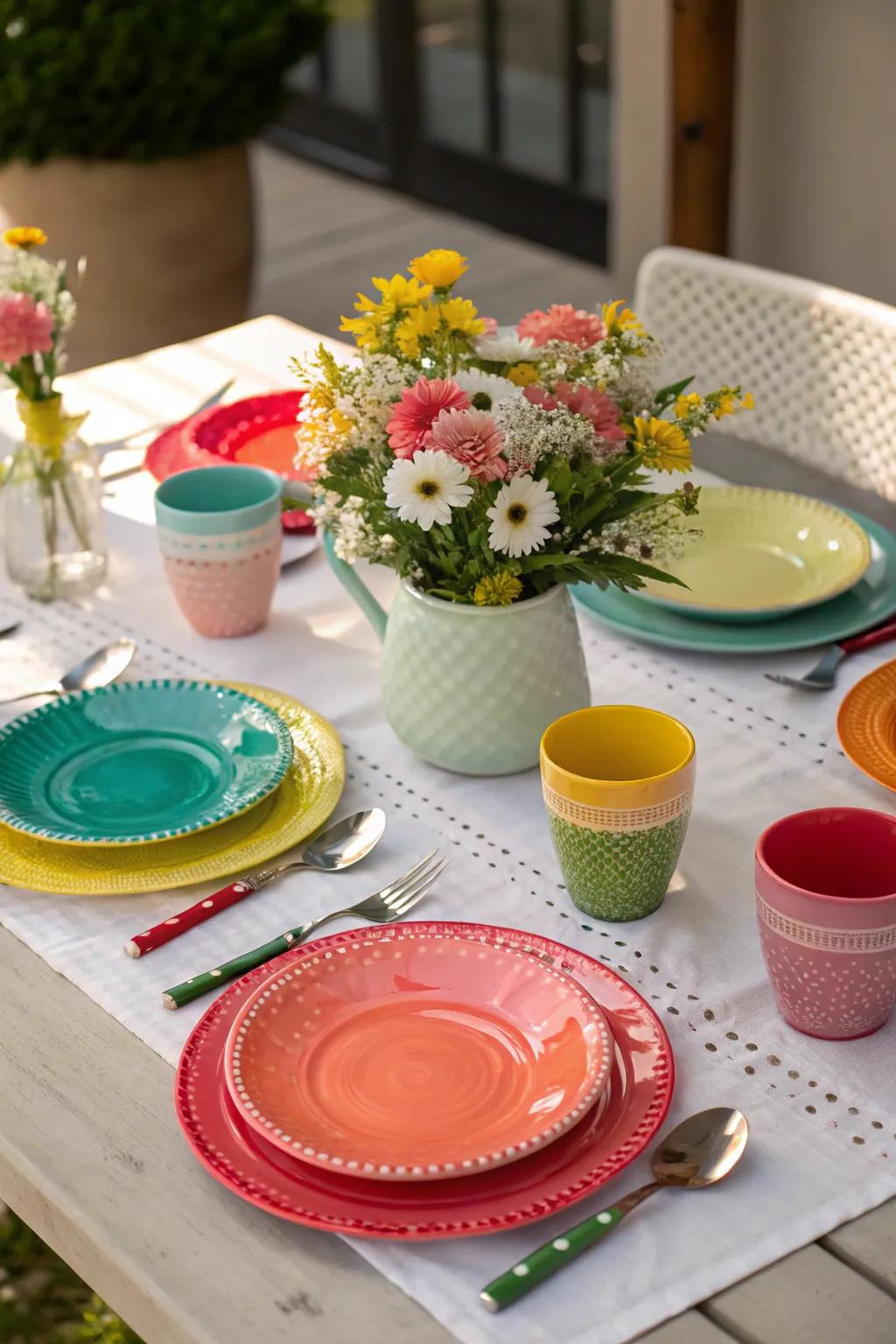 A playful yet refined summer tablescape with colorful tableware.