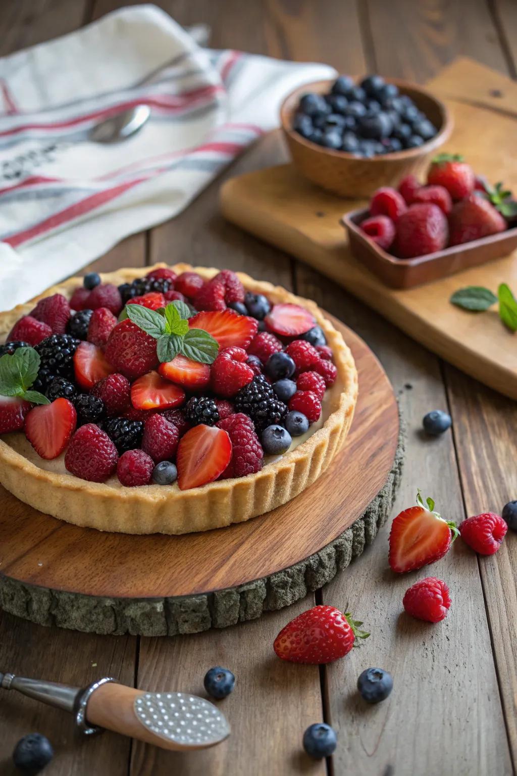 A vibrant fruit tart decorated with summer berries.