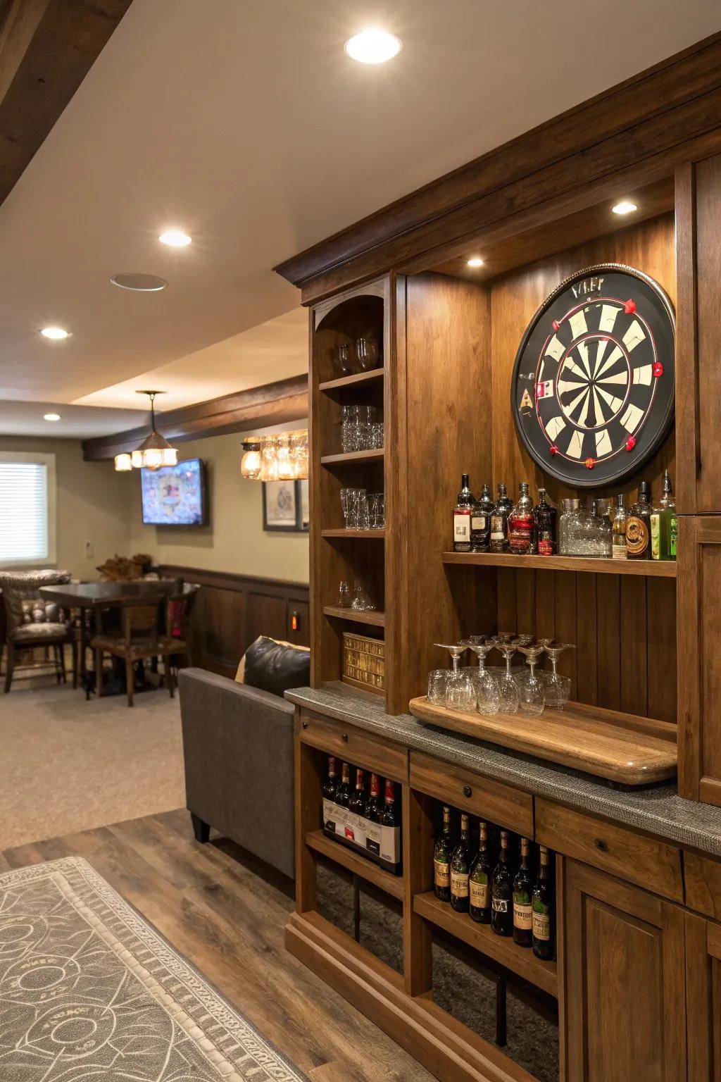 A dartboard adds an element of fun to this home bar design.