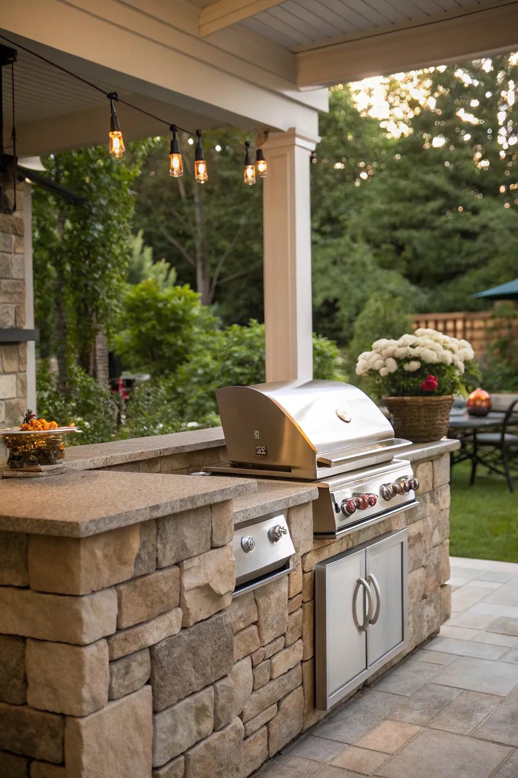 Functional and fashionable rock worktops in an outside kitchen.