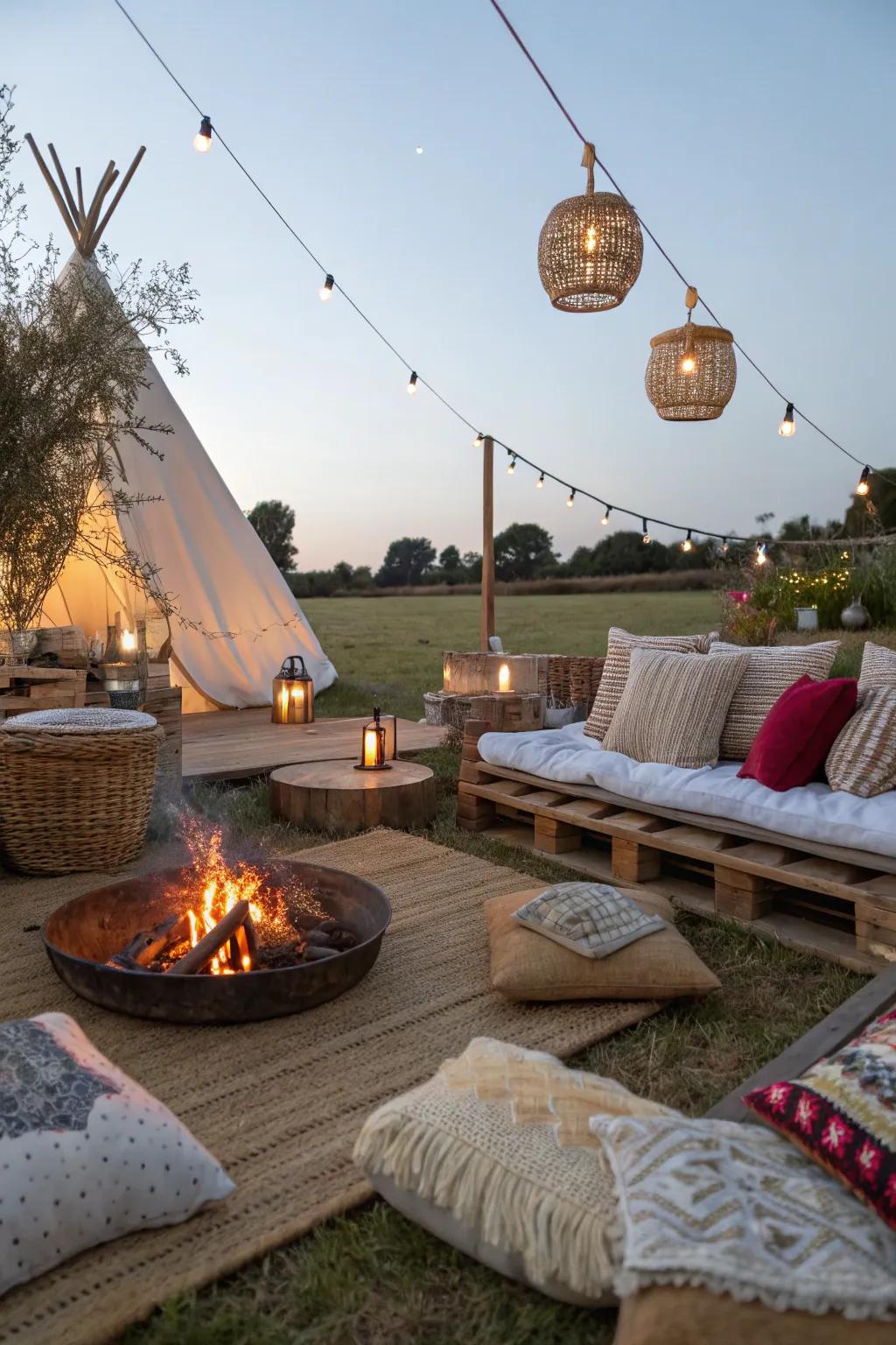 A warm, free-spirited bonfire night with cozy and inviting decor.