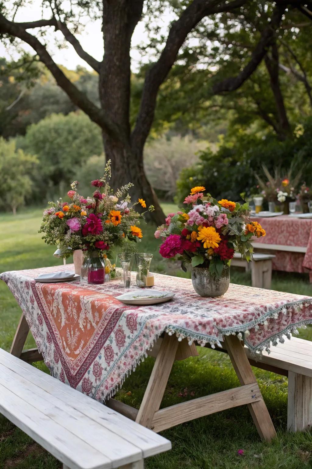 An elegantly set picnic table with charming floral decor