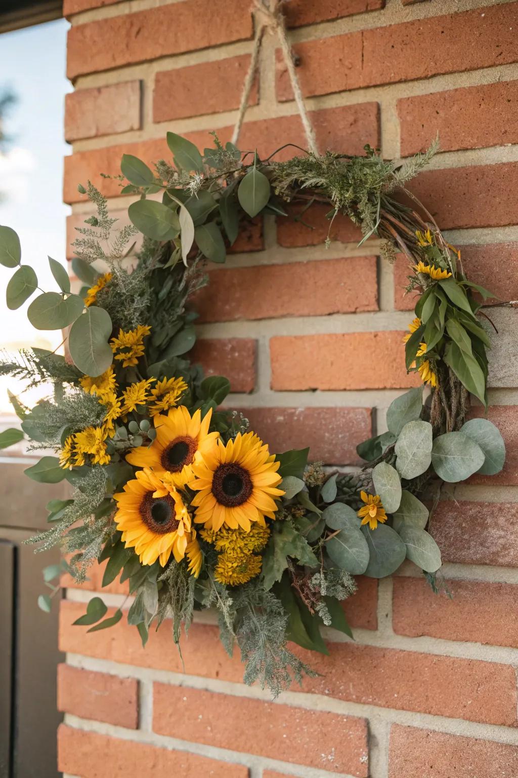 Experience modern refinement with a blend of sunflowers and eucalyptus, a match made in decor heaven.