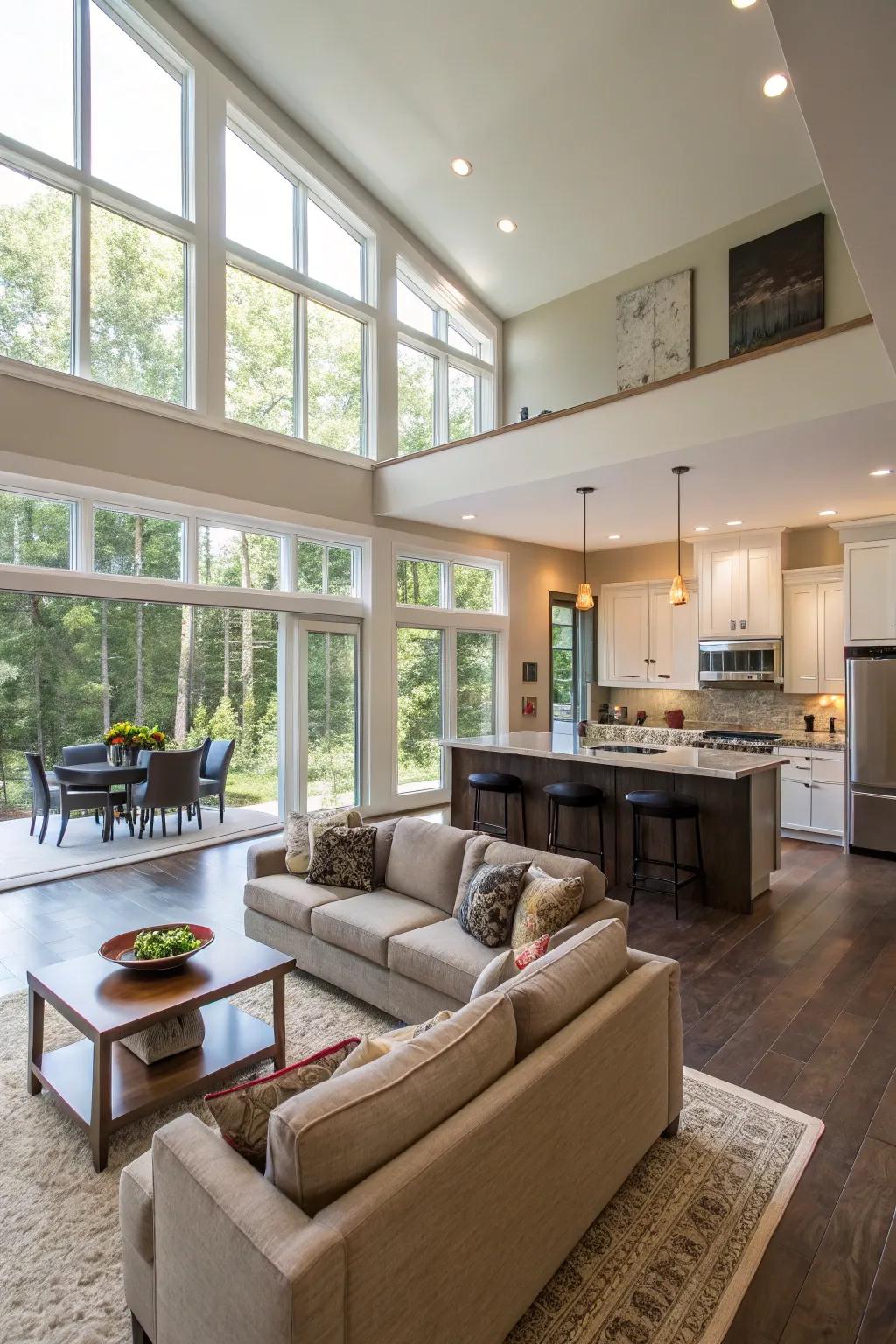 An open layout with a sunken living room.