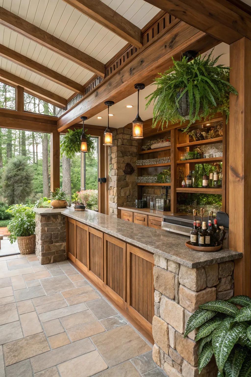 Authentic materials add warmth and an organic element to your sunroom bar.