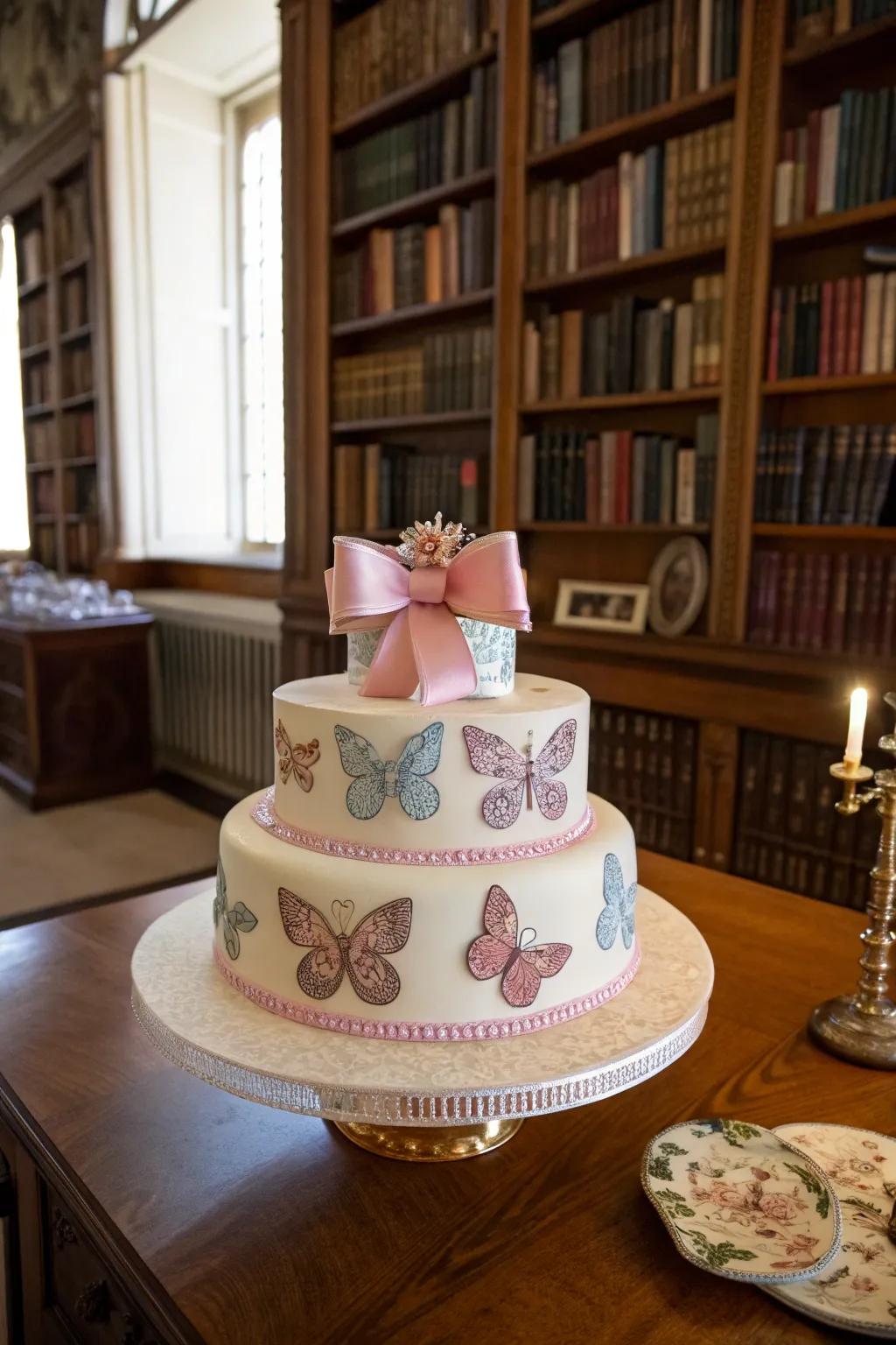 A whimsical cake graced with butterflies and bows, the quintessential choice for a fairy-tale f&ecirc;te.