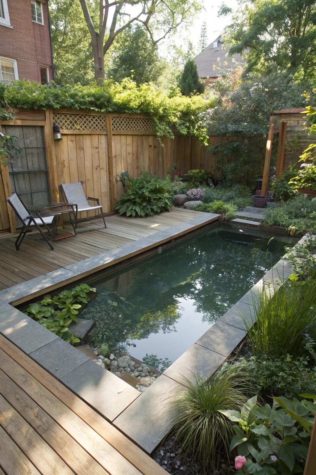This small swimming pond fits wonderfully inside a small yard.