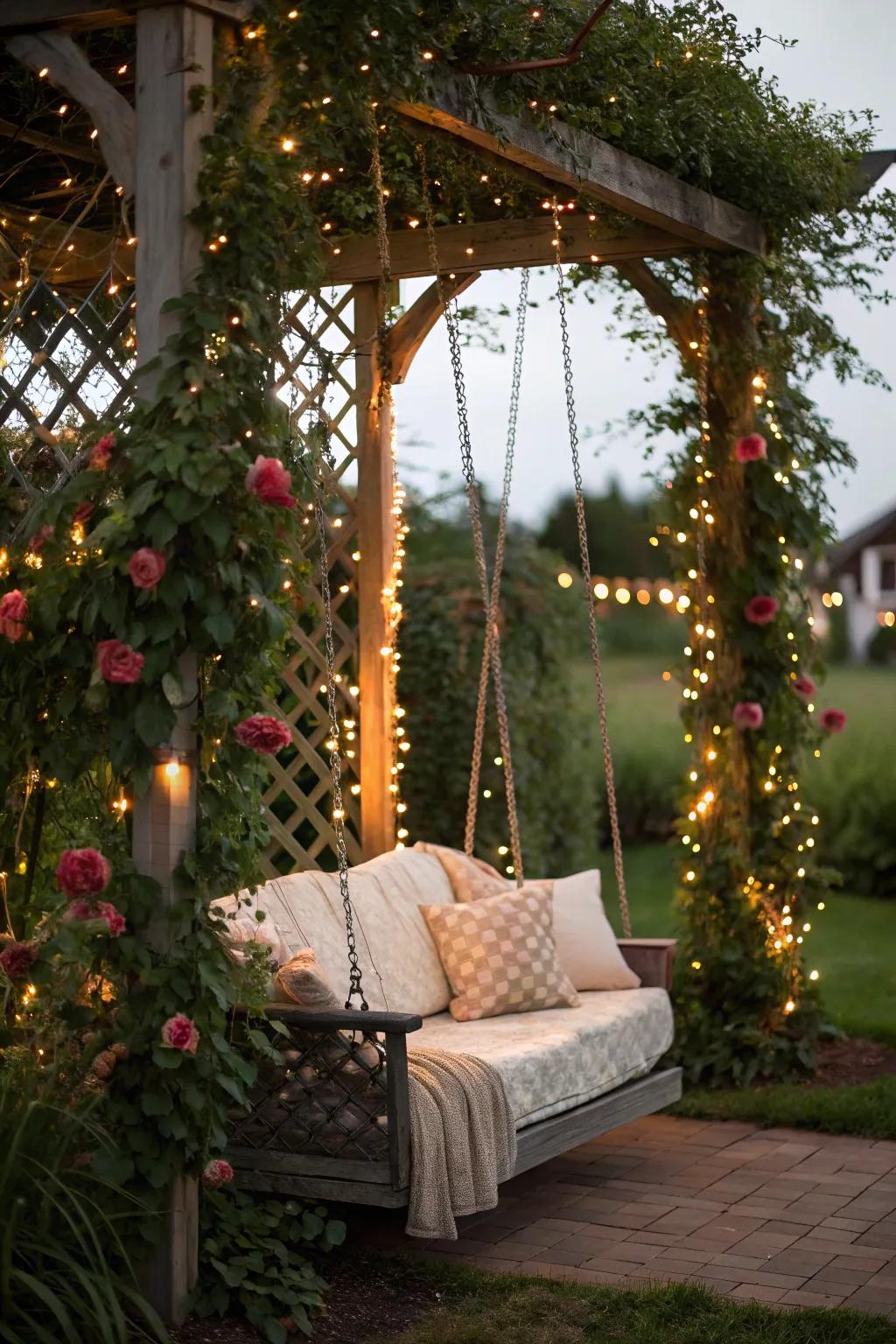 An archway swing shimmers beneath the glow of glimmering lights.